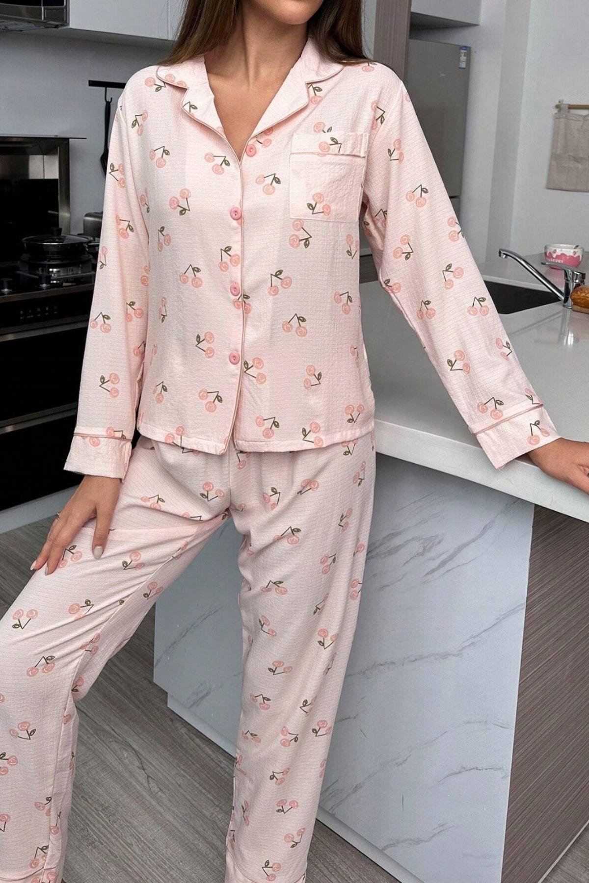 Bella Notte Toz Pembe Sonbahar Kirazları Soft Pijama Takımı 7039