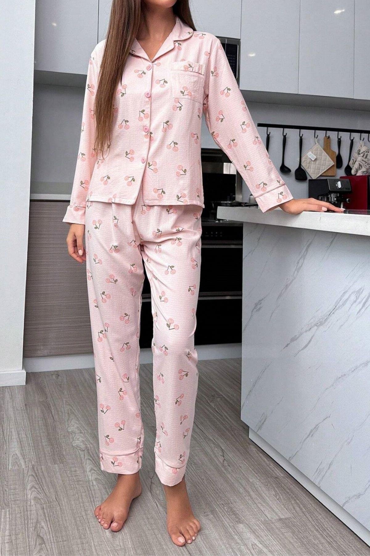 Bella Notte Toz Pembe Sonbahar Kirazları Soft Pijama Takımı 7039