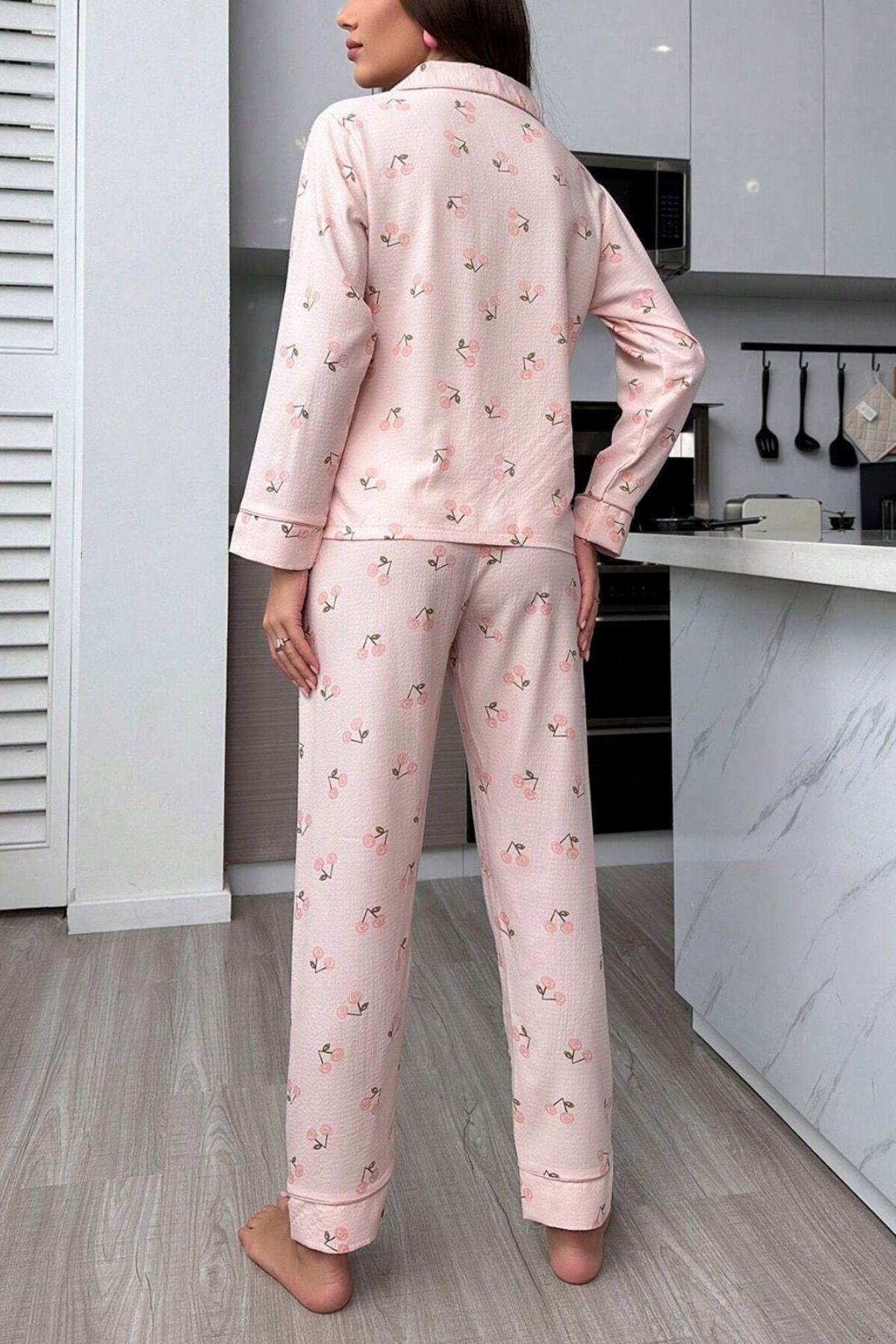 Bella Notte Toz Pembe Sonbahar Kirazları Soft Pijama Takımı 7039