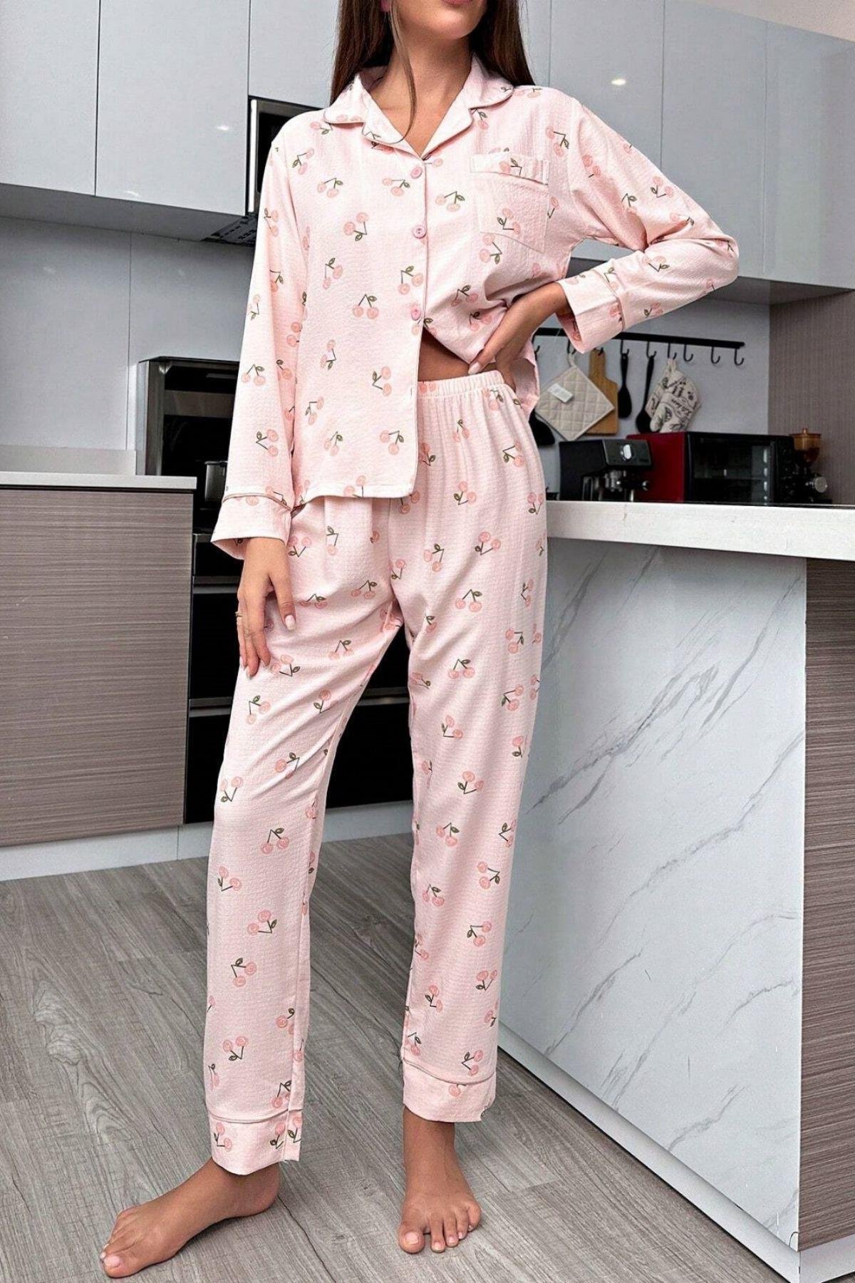 Bella Notte Toz Pembe Sonbahar Kirazları Soft Pijama Takımı 7039