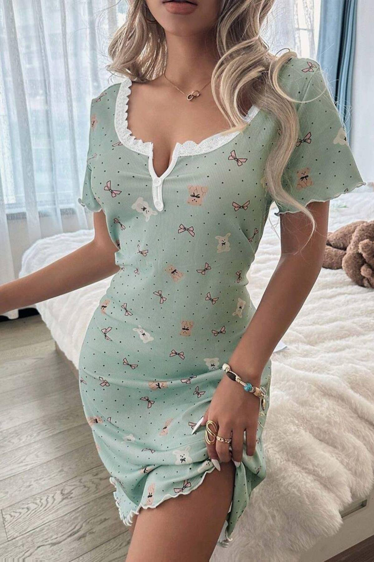 Bella Notte Yeşil Ayıcık ve Fiyonk Desenli Mini Ev Giyim Gecelik 15997