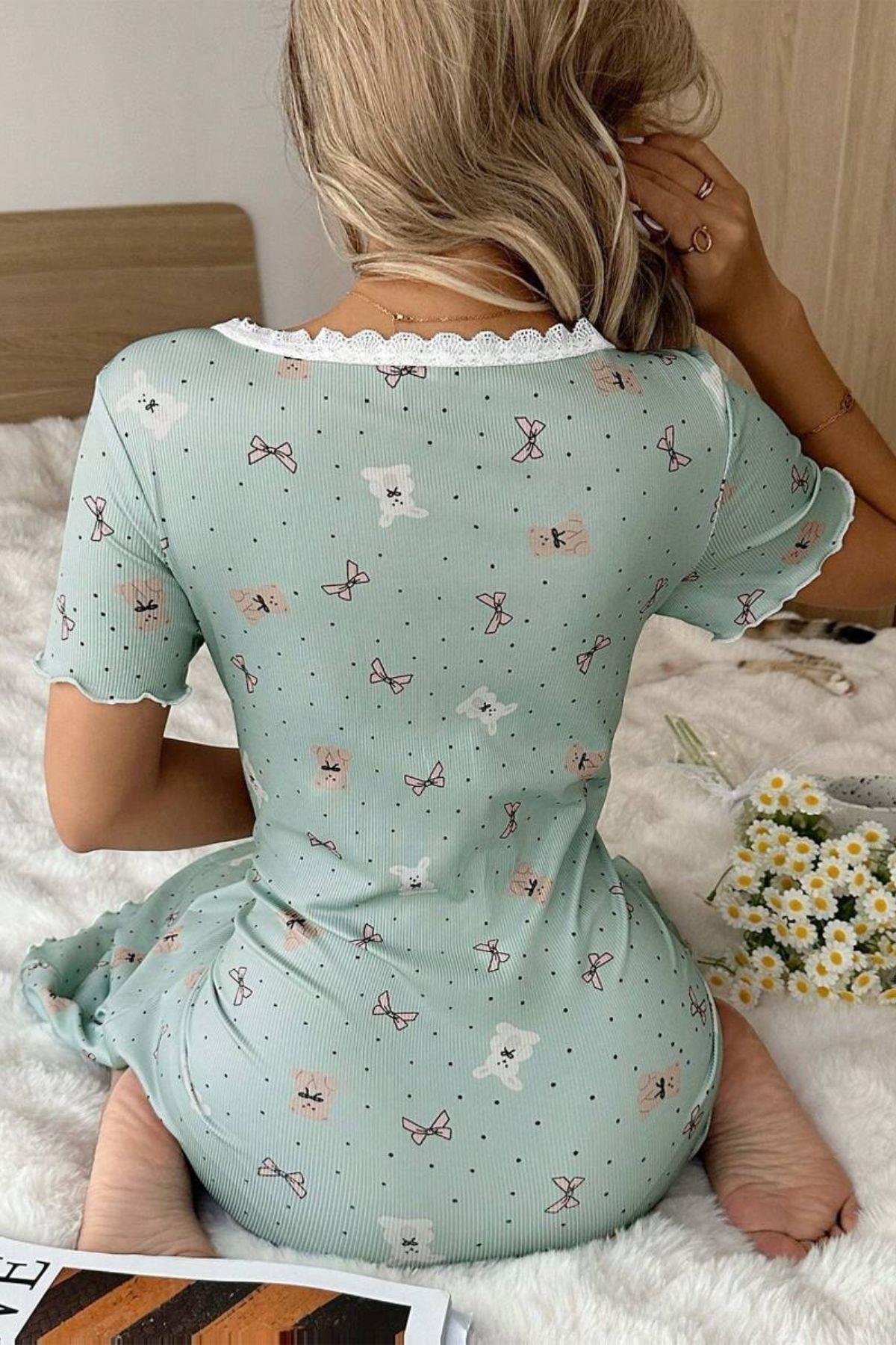 Bella Notte Yeşil Ayıcık ve Fiyonk Desenli Mini Ev Giyim Gecelik 15997