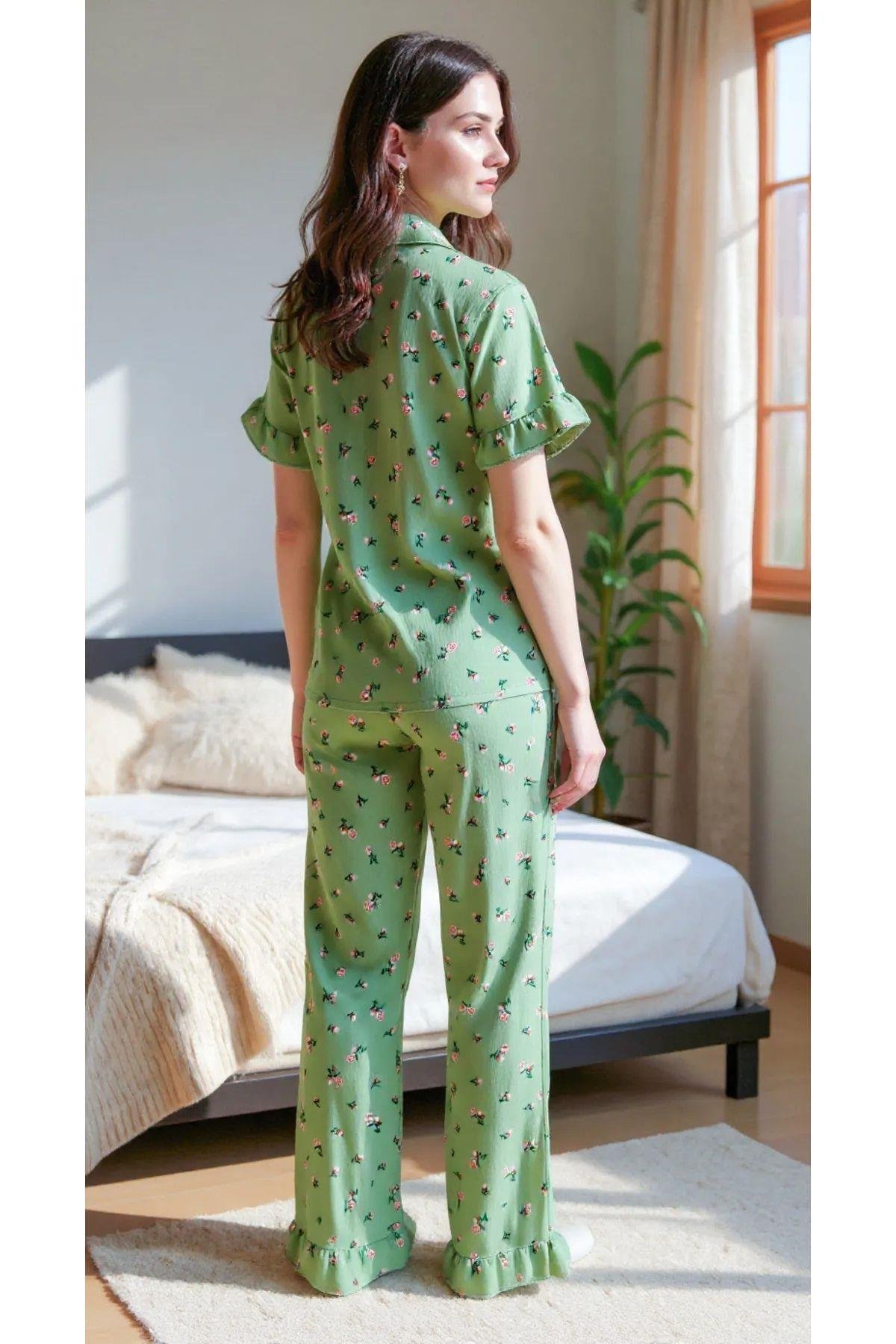 Bella Notte Yeşil Çiçekli Yaz Esintili Pijama Takımı 7345