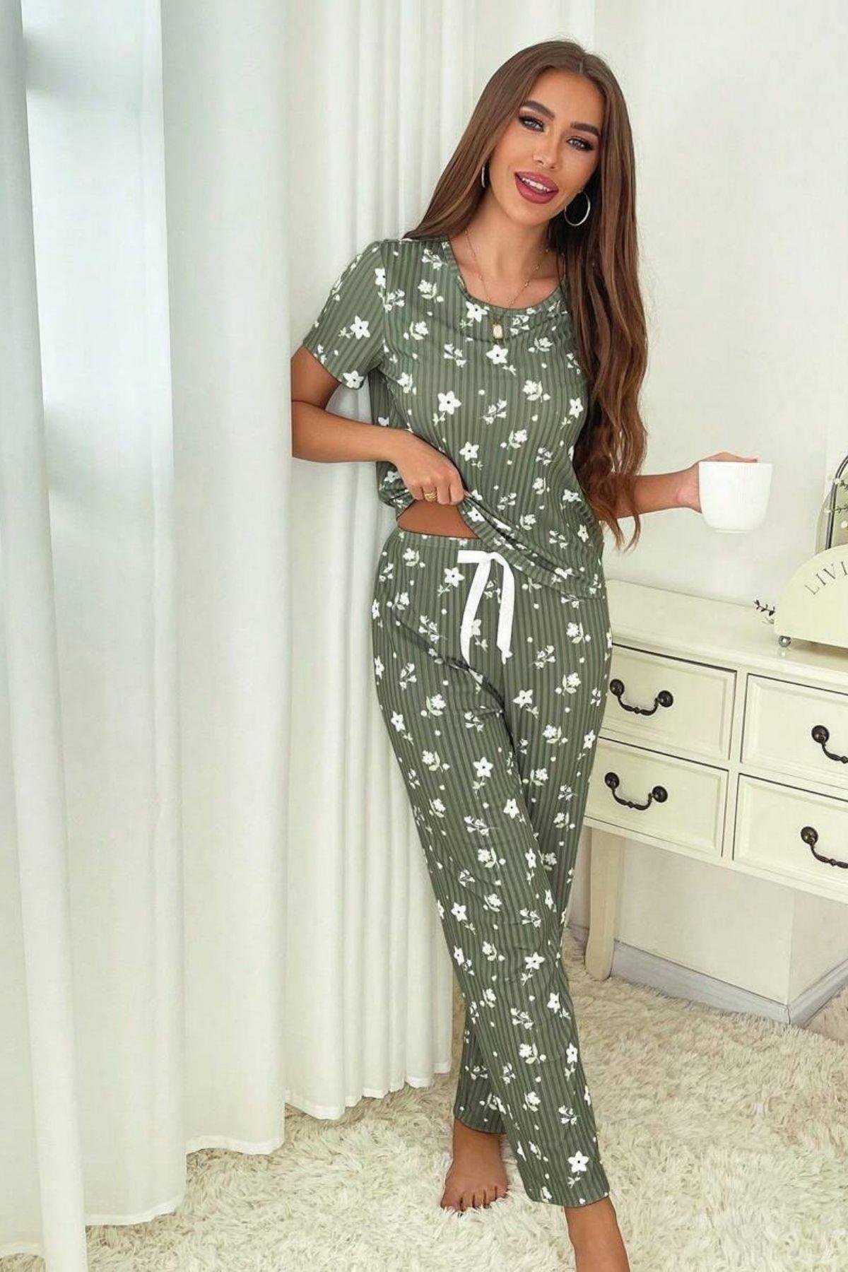 Bella Notte Yeşil Fitilli Floral Kısa Kollu Pijama Takımı 7303