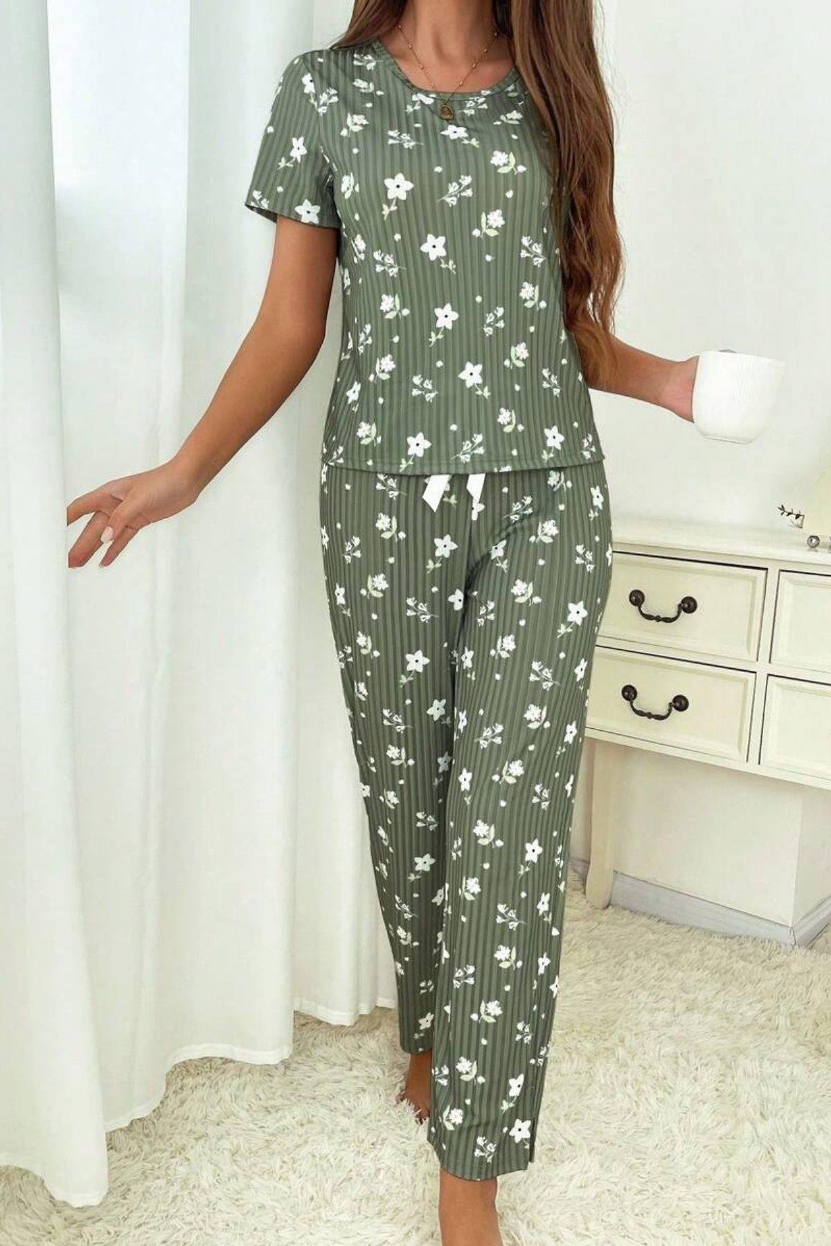 Bella Notte Yeşil Fitilli Floral Kısa Kollu Pijama Takımı 7303