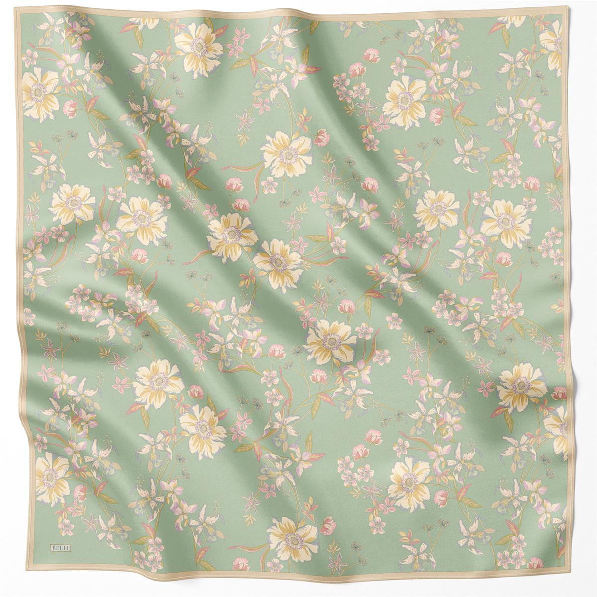 BELLİ ÇİÇEK DESEN İPEK EŞARP 4210D (TWILL) SU YEŞİLİ - 58