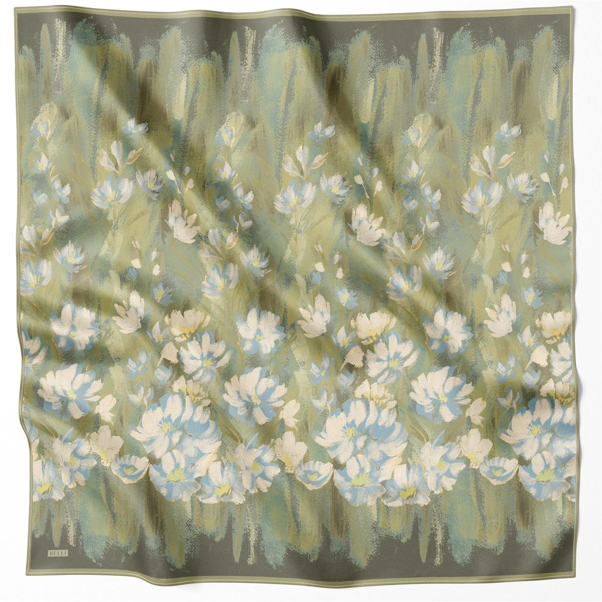 BELLİ ÇİÇEK DESEN İPEK EŞARP 4217D (TWILL) HAKİ - 81
