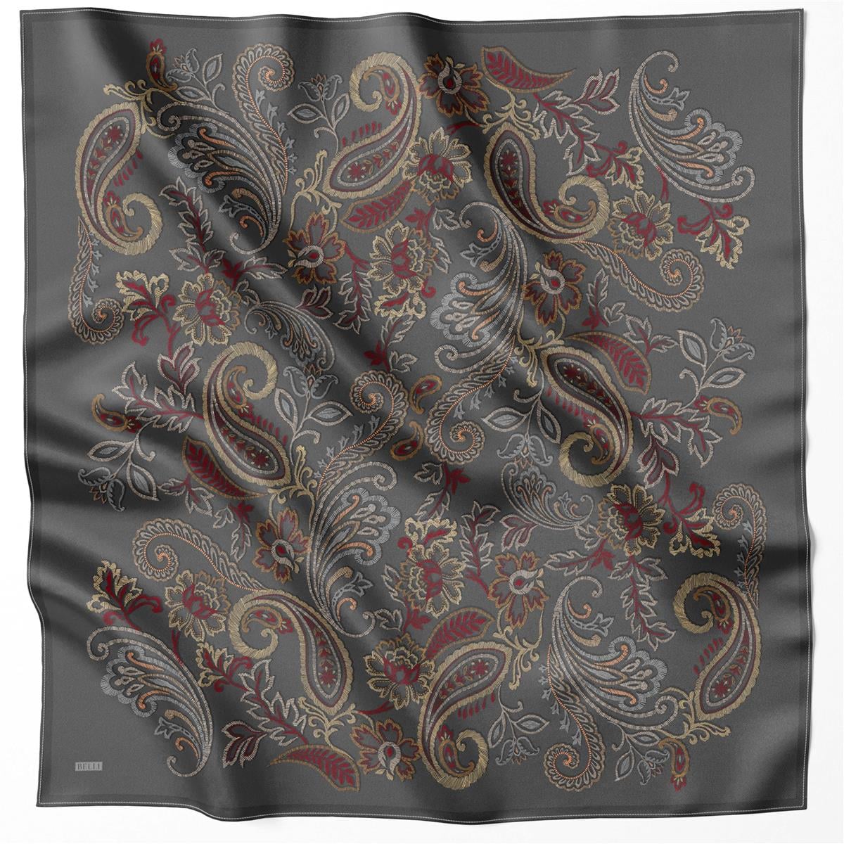 BELLİ ÇİÇEKLİ DESEN İPEK EŞARP 4207D (TWILL) ANTRASİT - 07