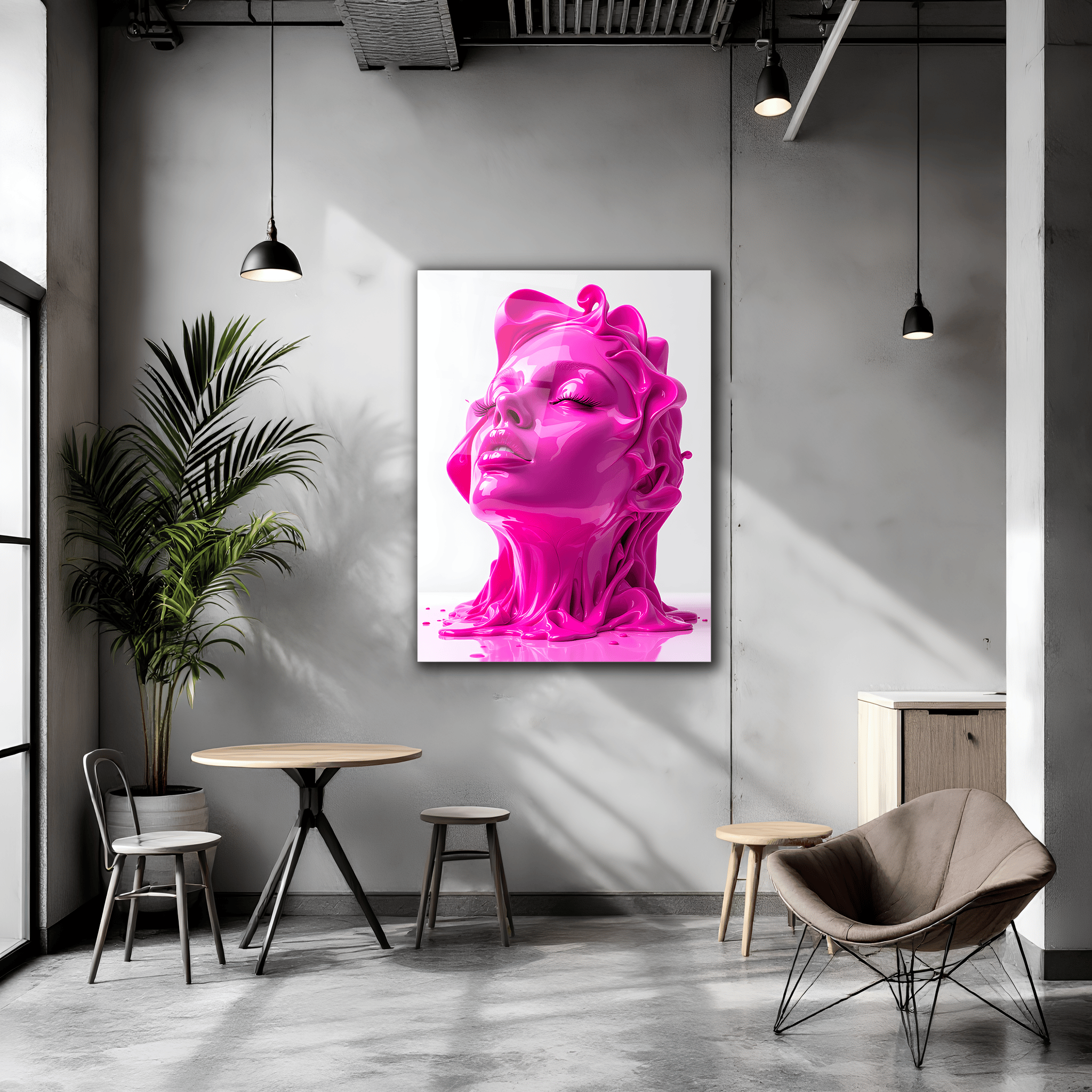 Akışkan Pembe Kadın Dikey Cam Tablo