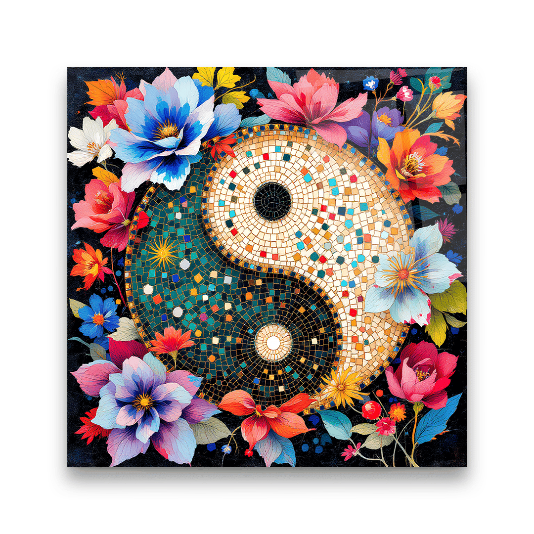 Çiçekli Yin ve Yang Mozaik Desenli Kare Cam Tablo