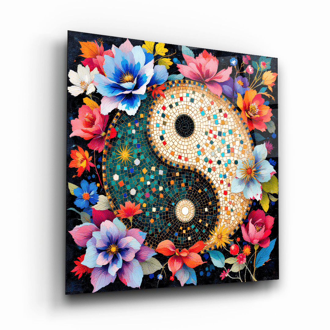 Çiçekli Yin ve Yang Mozaik Desenli Kare Cam Tablo