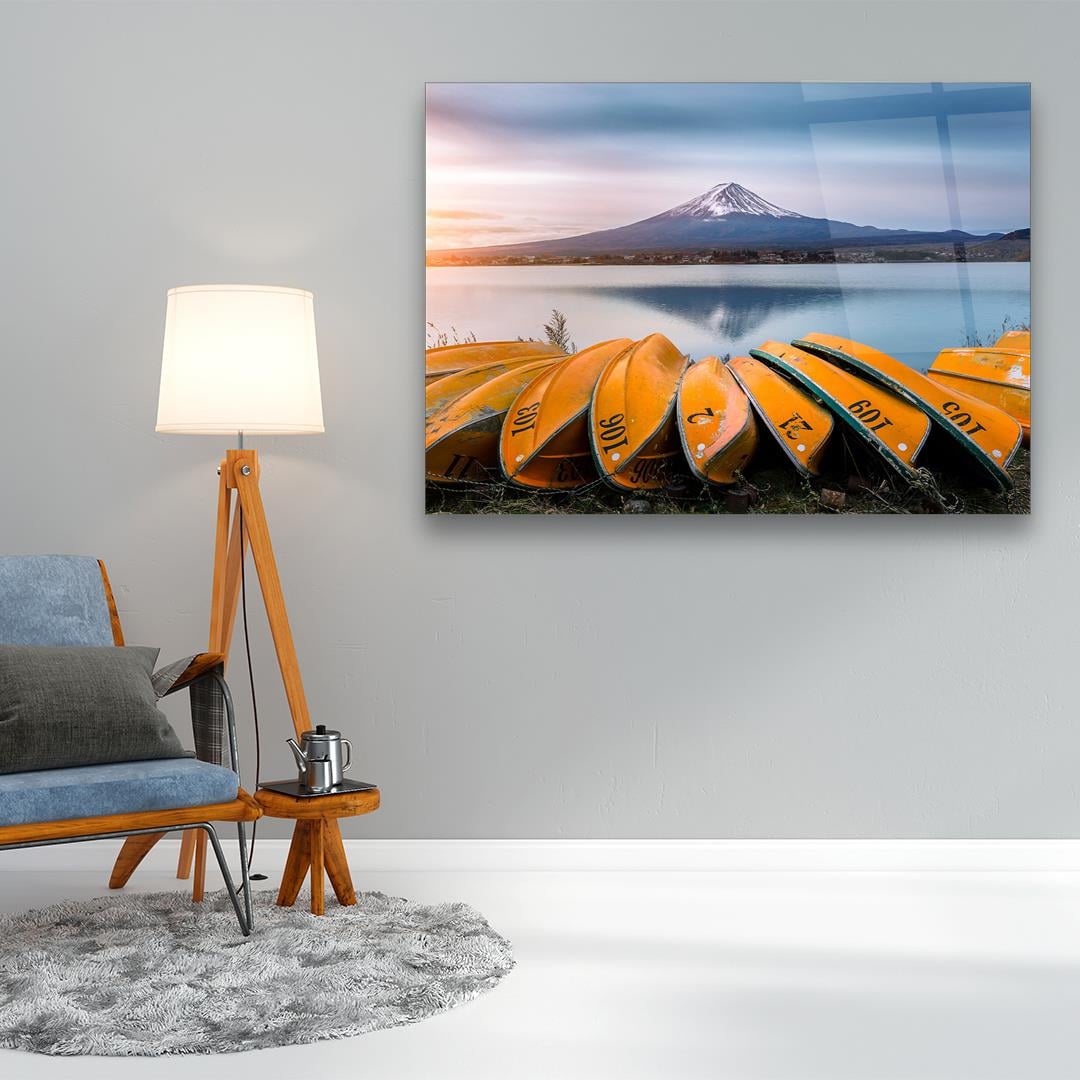 Fuji Dağı ve Kayıklar Yatay Cam Tablo