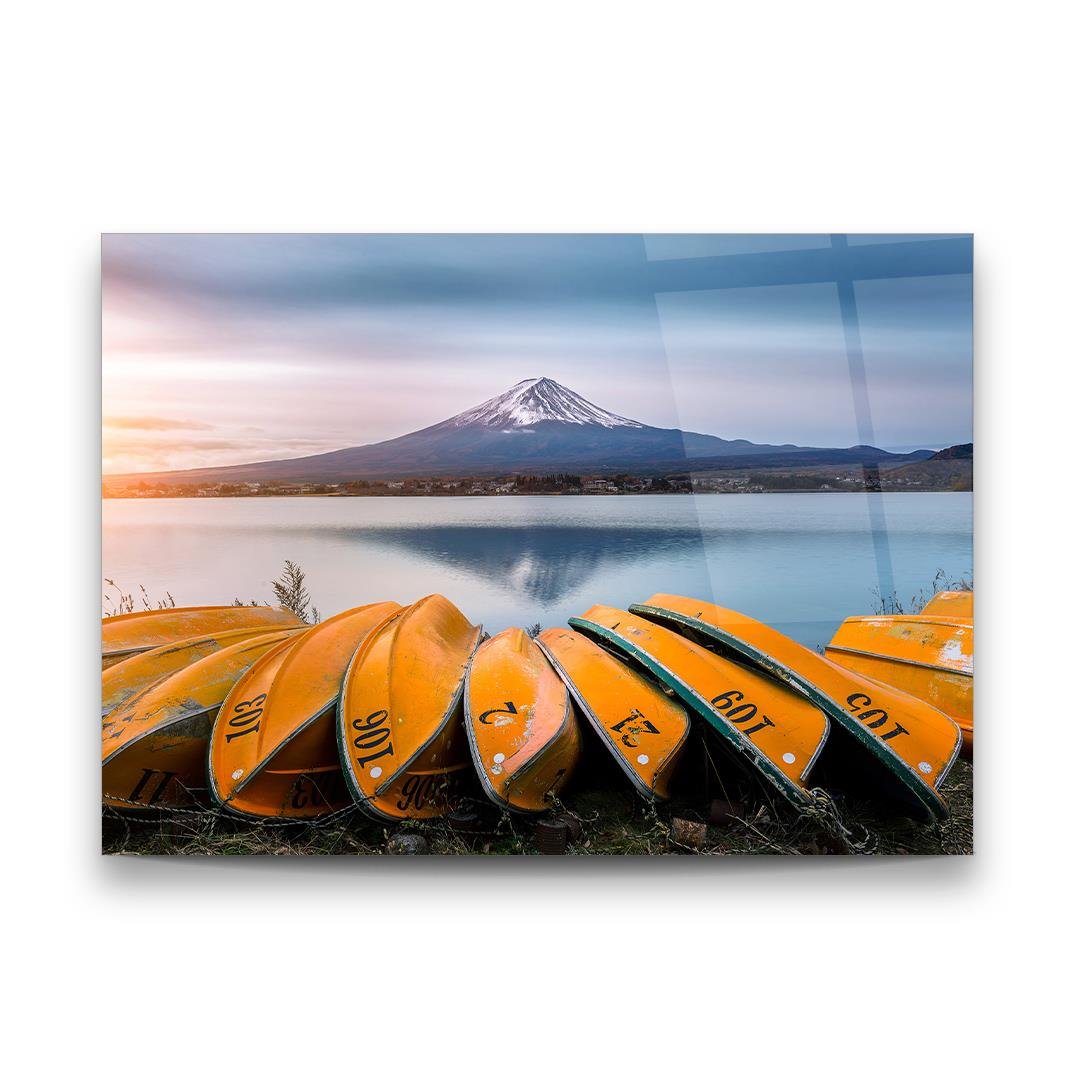 Fuji Dağı ve Kayıklar Yatay Cam Tablo
