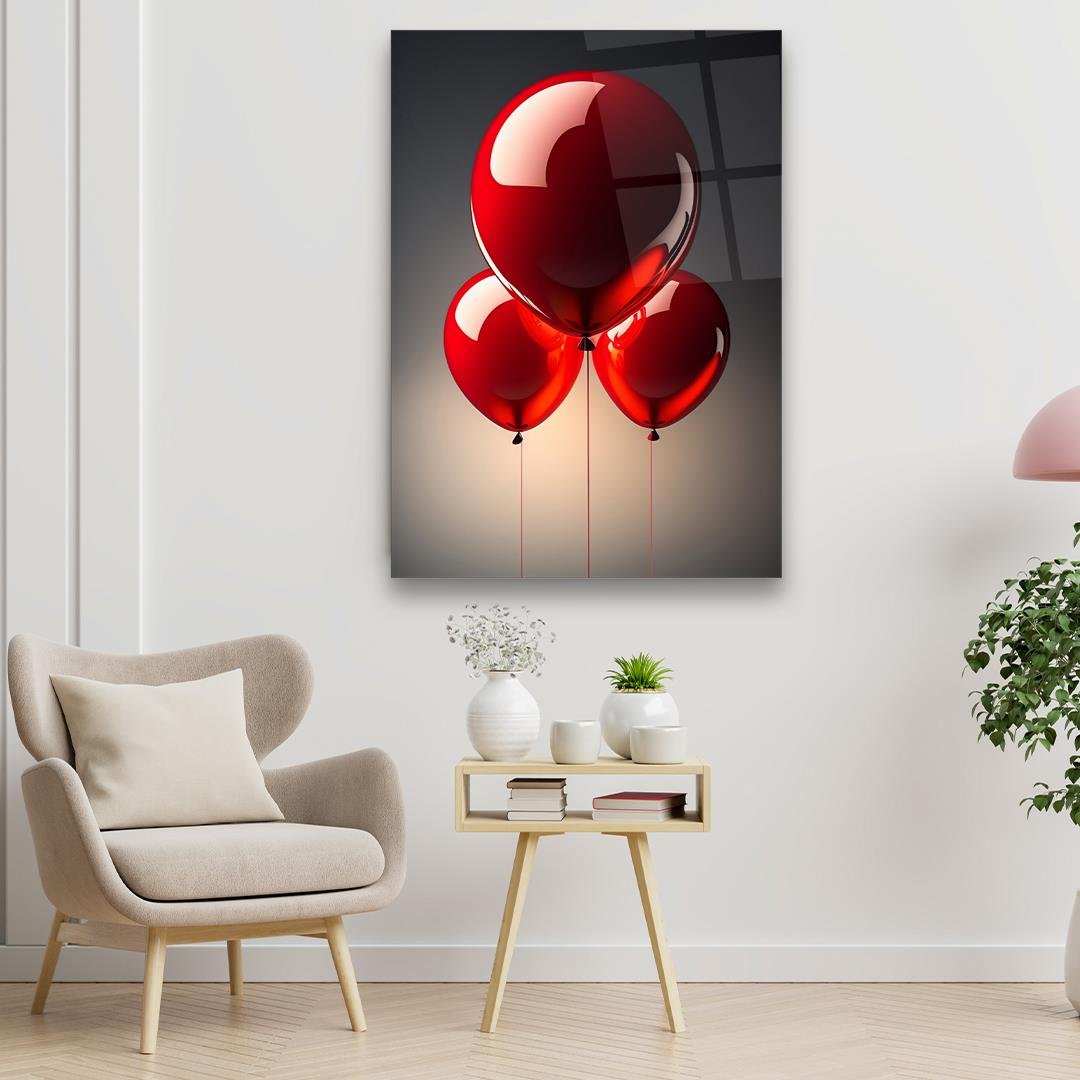 Kırmızı Balonlar Dikey Cam Tablo
