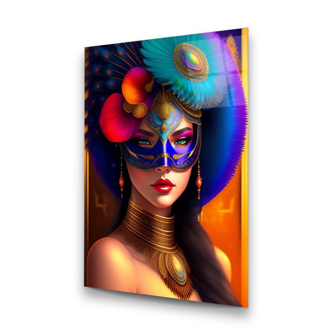 Maskeli Kadın Dikey Cam Tablo