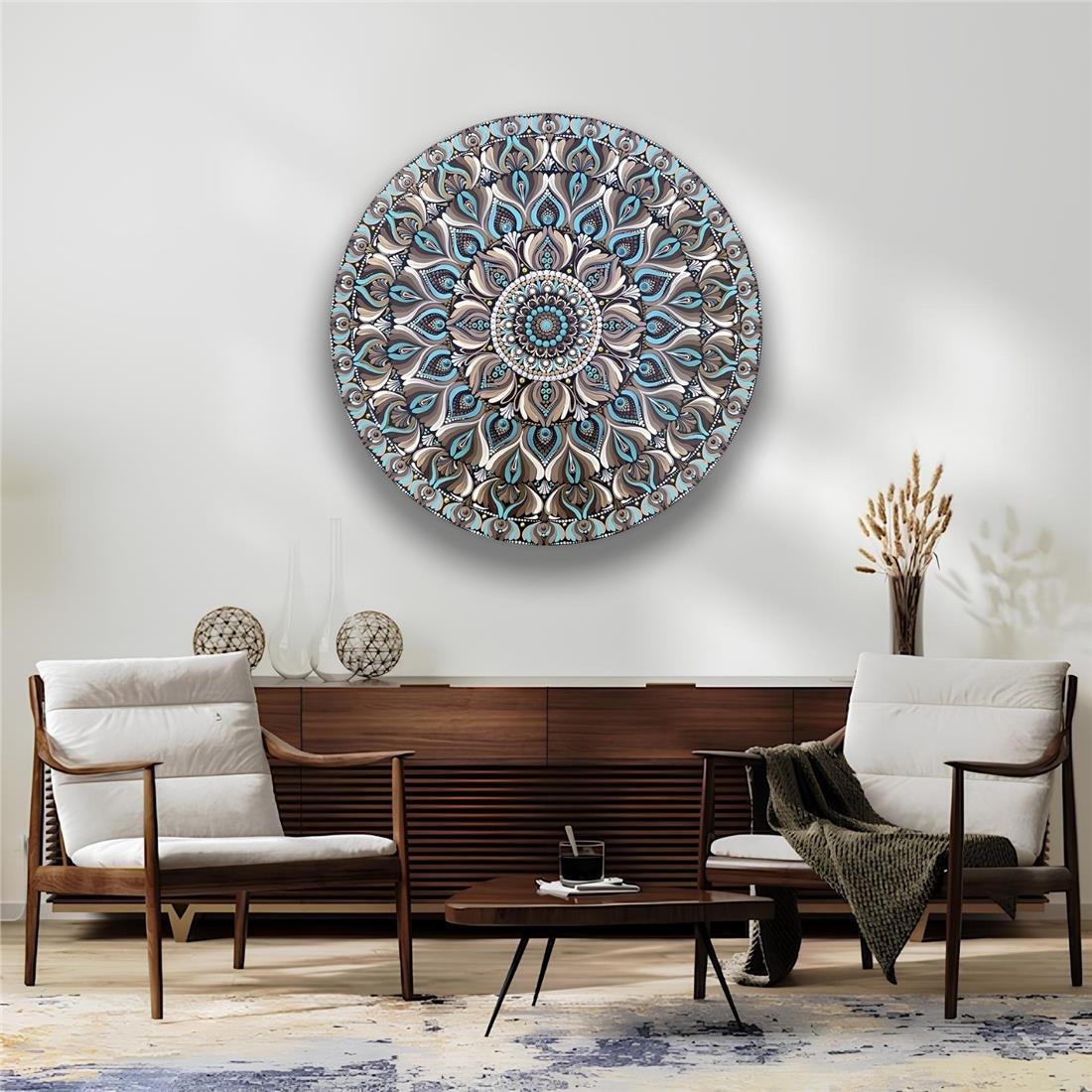 Mavi Mandala Yuvarlak Cam Tablo
