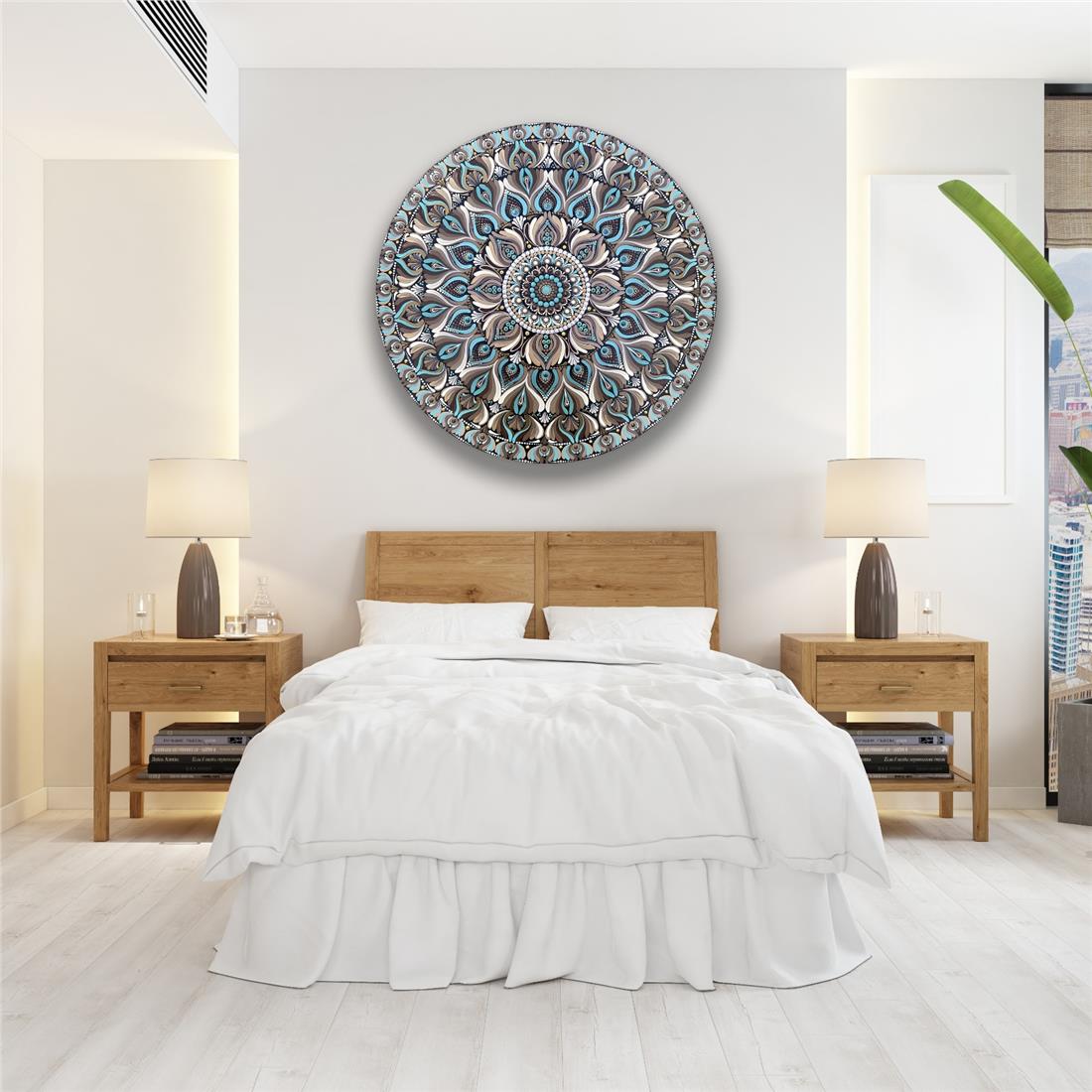 Mavi Mandala Yuvarlak Cam Tablo