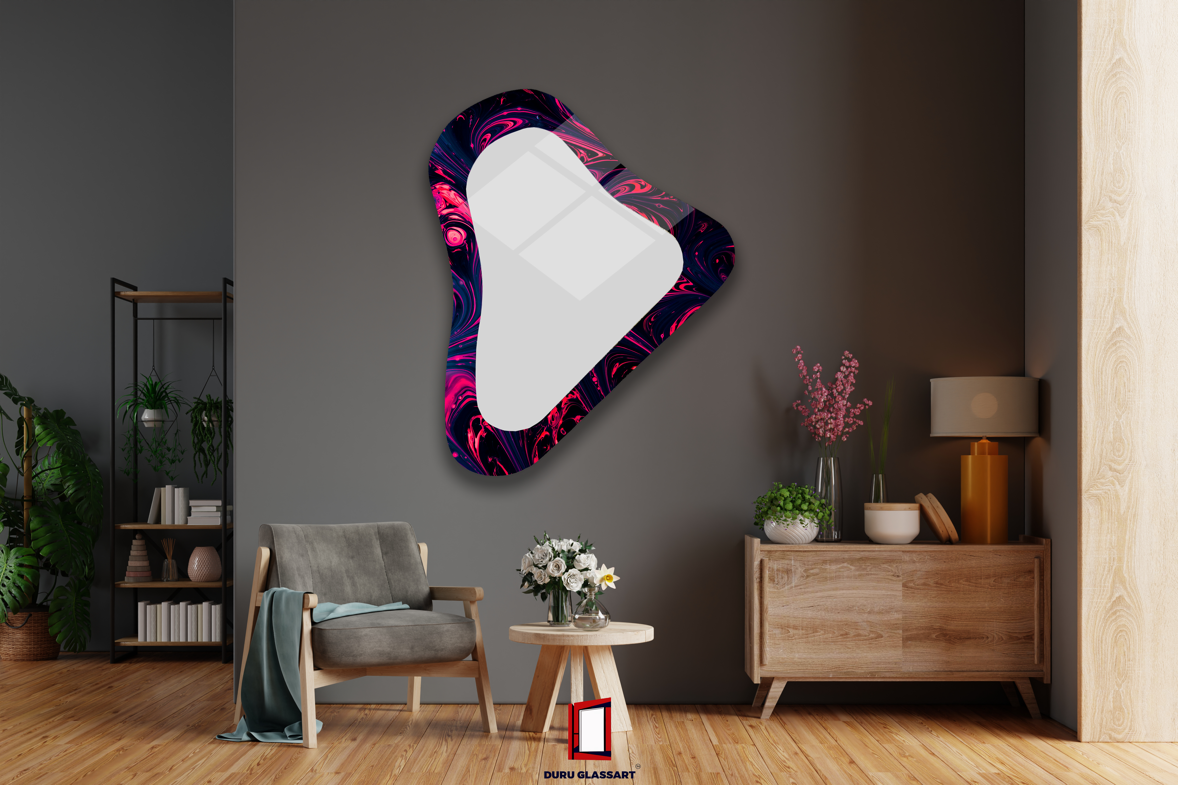 Mor-Pembe Desenli Dekoratif Asimetrik Ayna