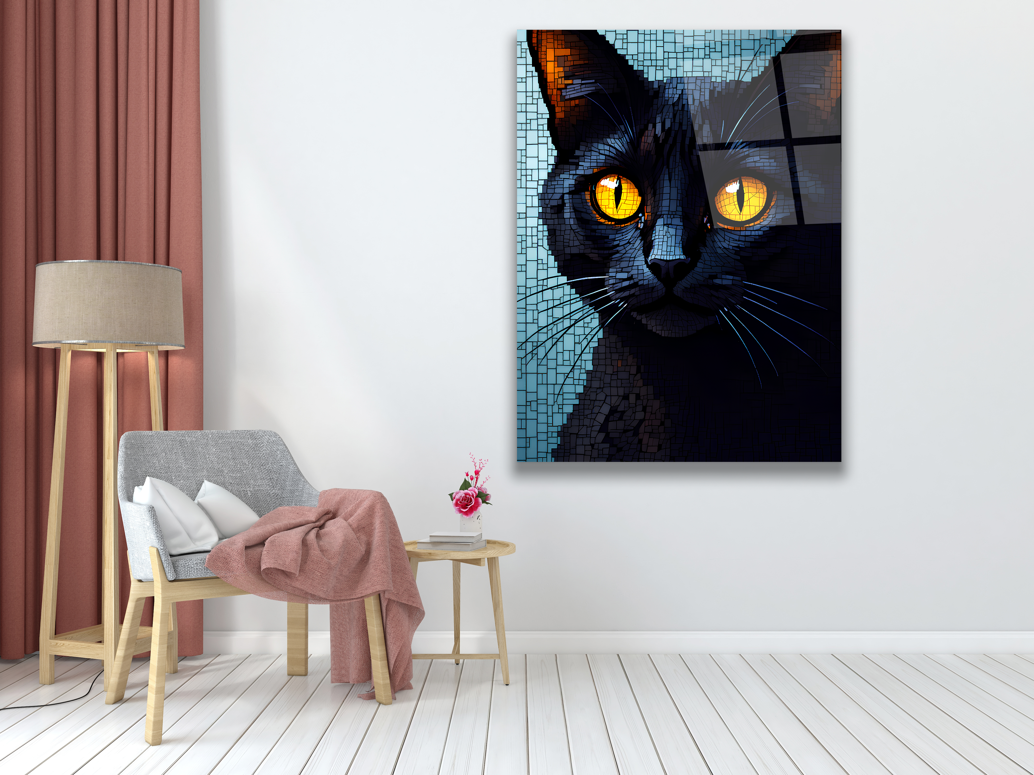 Piksel Desenli Kedi Dikey Cam Tablo