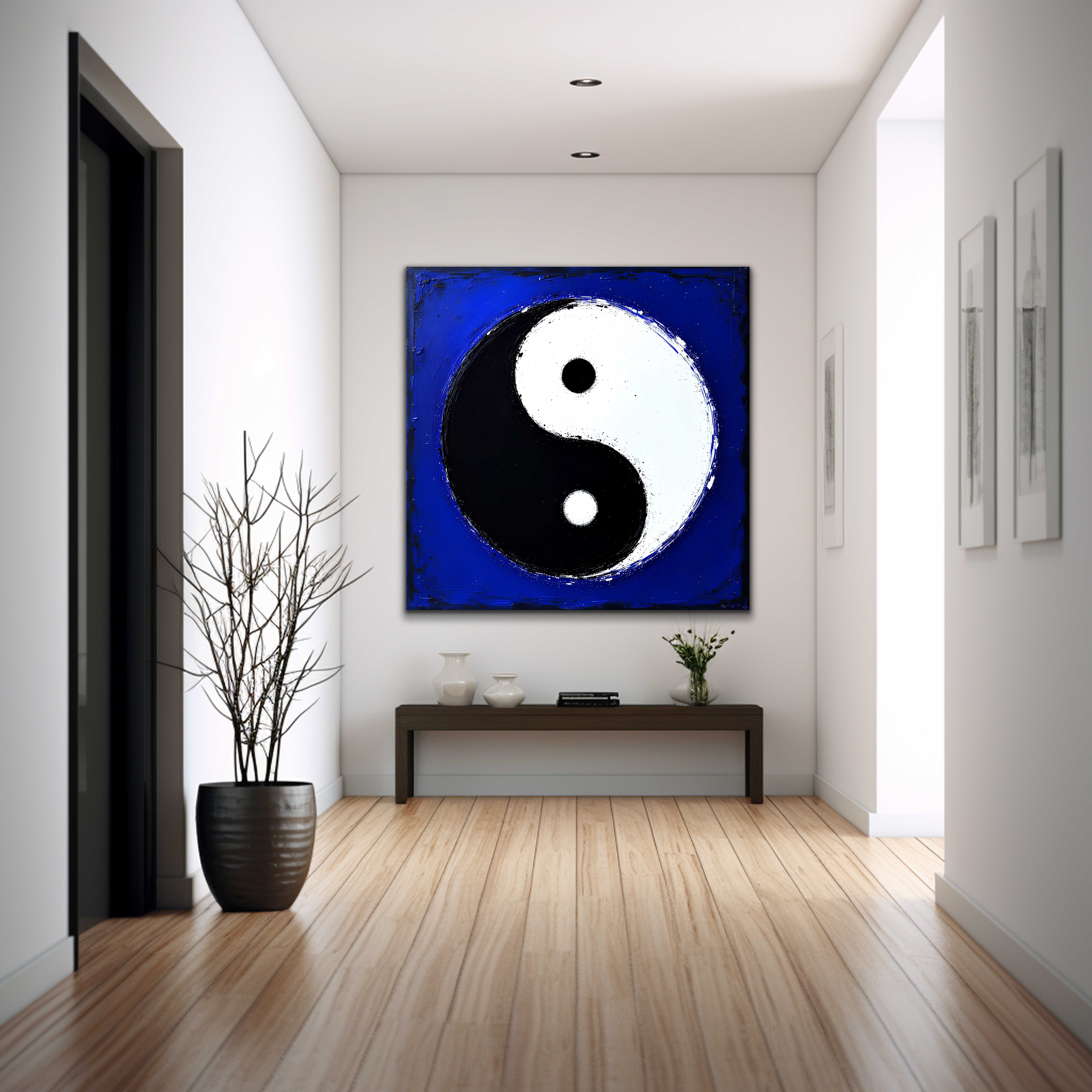 Sanatsal Yin ve Yang Kare Cam Tablo