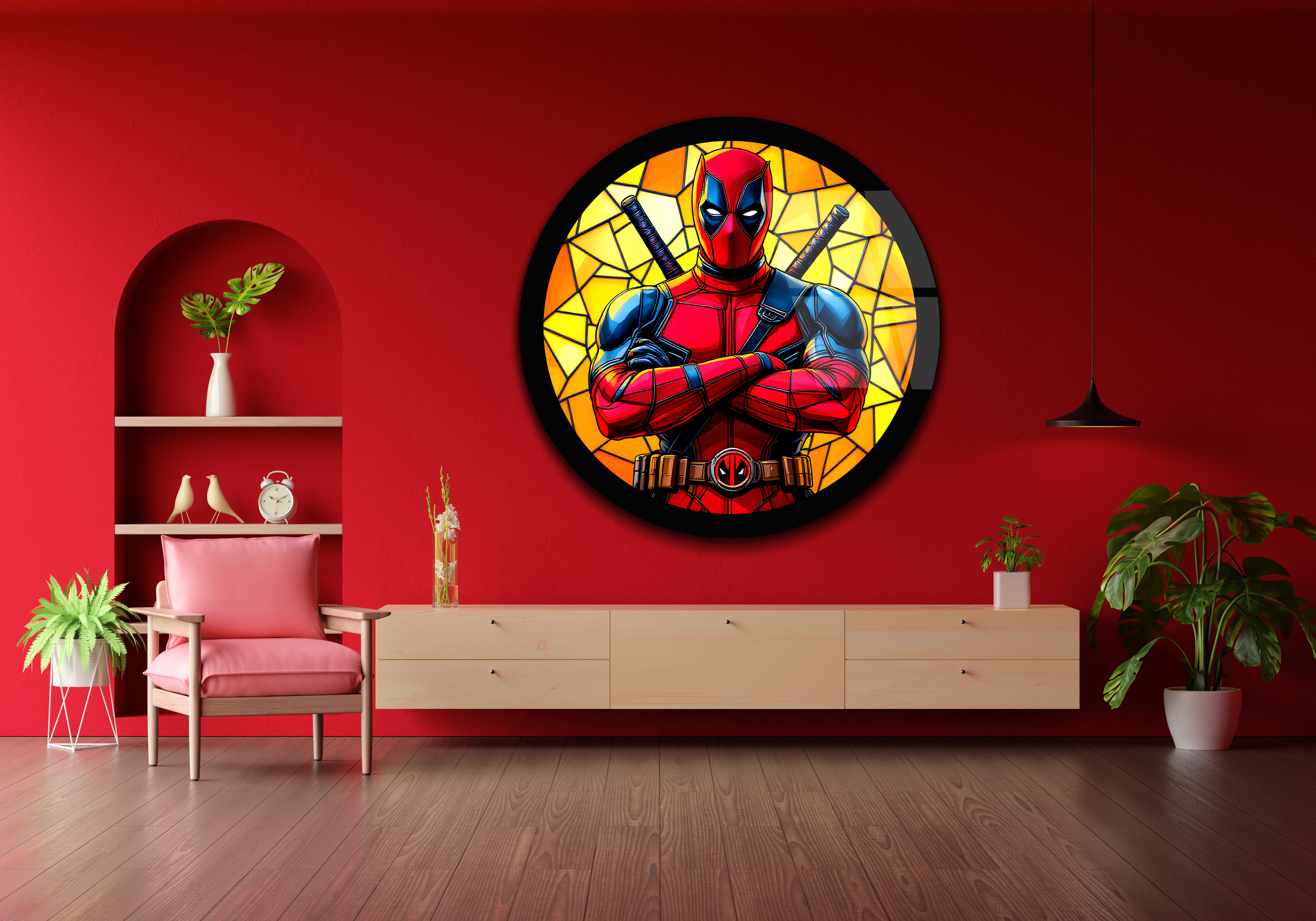 Vitray Desenli Deadpool Yuvarlak Cam Tablo