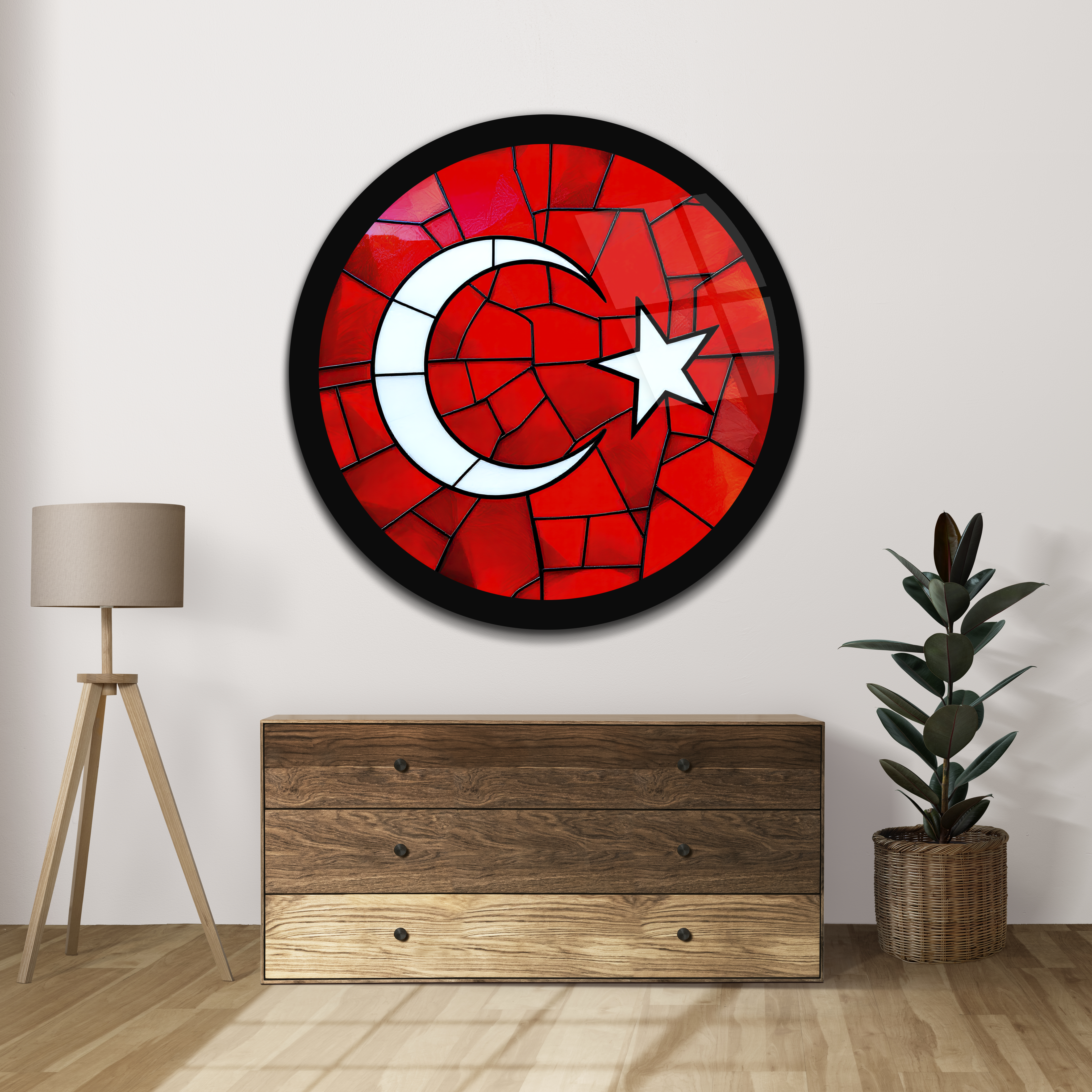 Vitray Desenli Türk Bayrağı Yuvarlak Cam Tablo