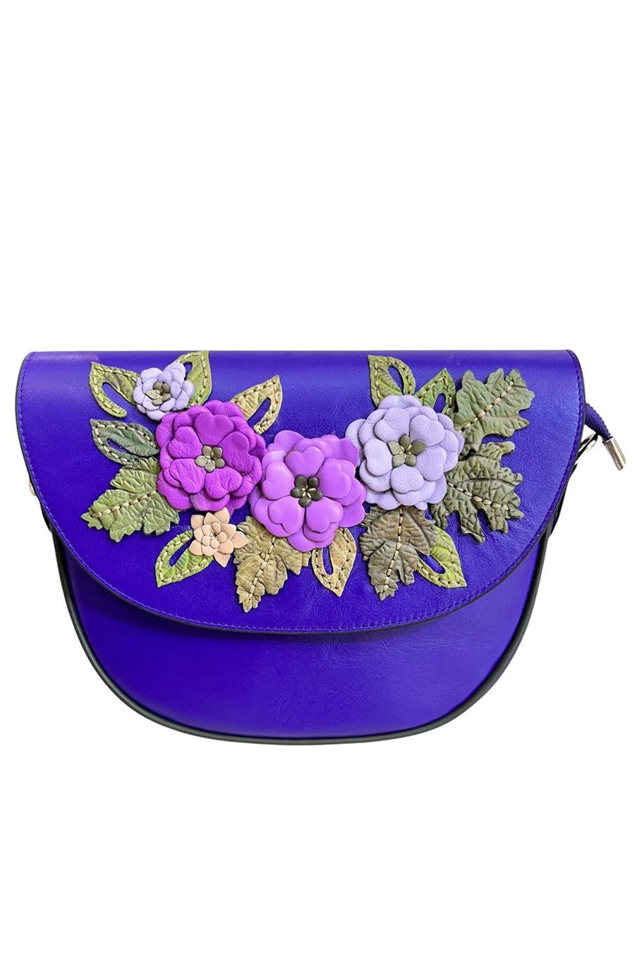  Mor Hakiki Deri Çiçek Motifli El Yapımı Çapraz  Çanta
