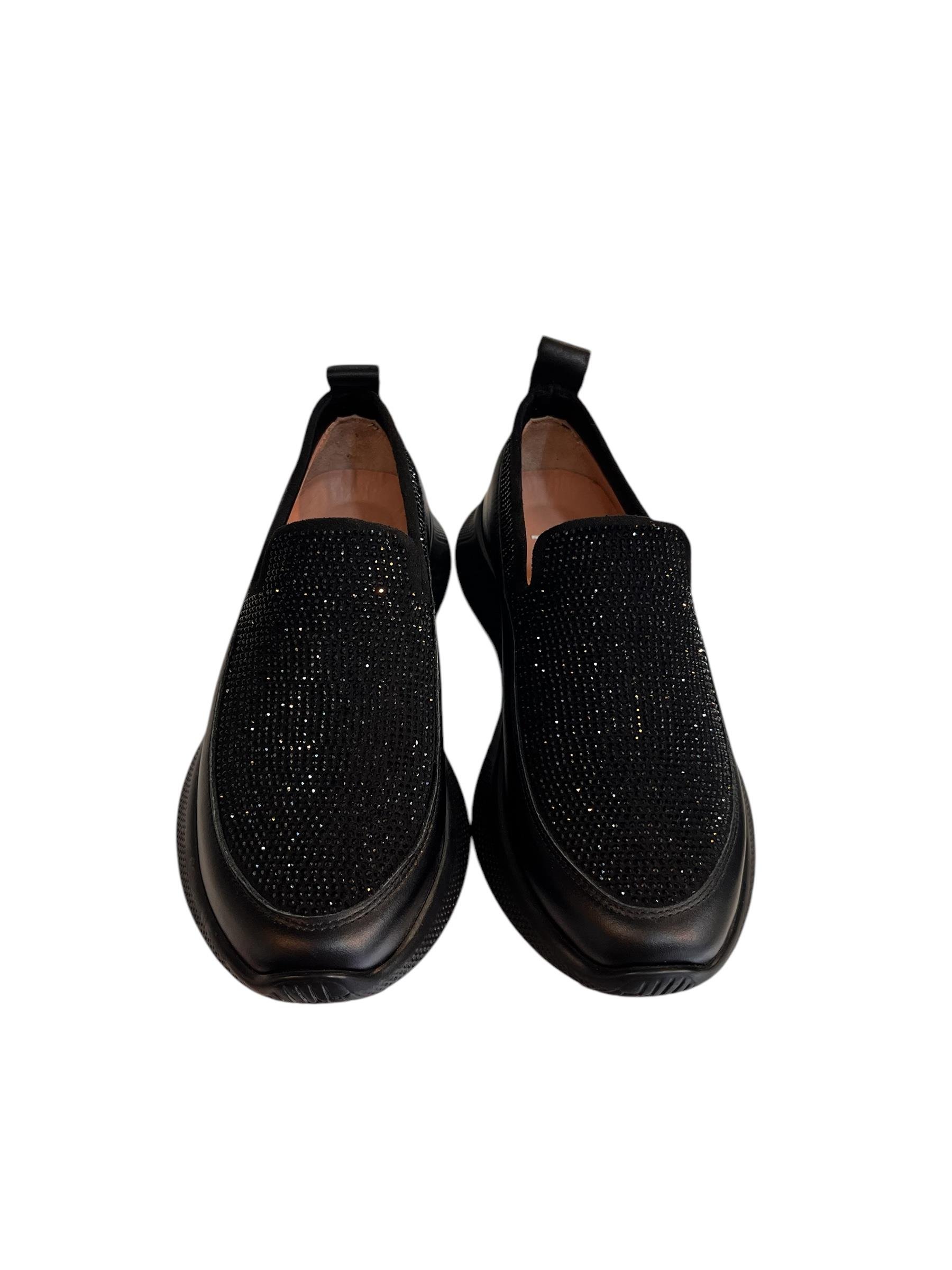  Siyah Hakiki Deri Strech Yüzlü Taşlı Comfort Sneaker