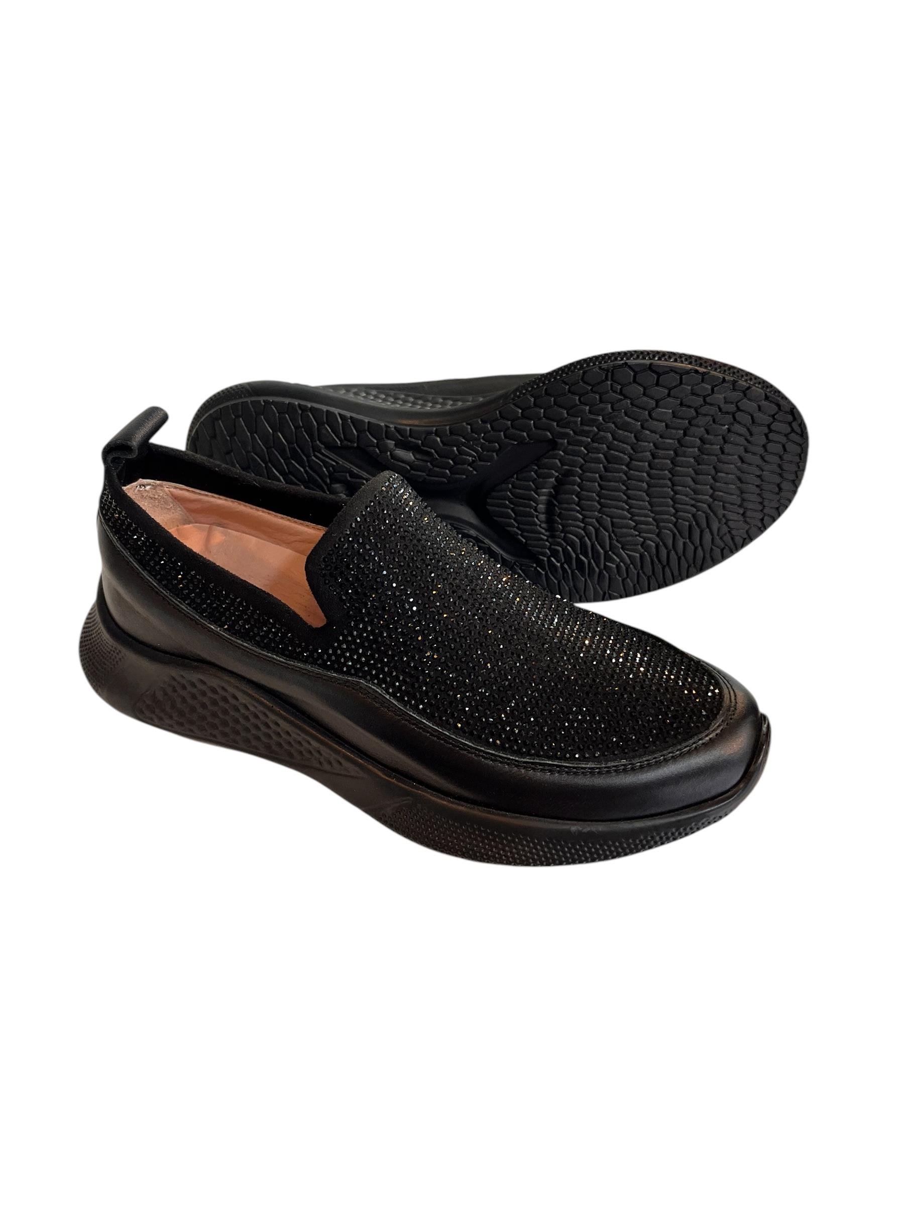  Siyah Hakiki Deri Strech Yüzlü Taşlı Comfort Sneaker