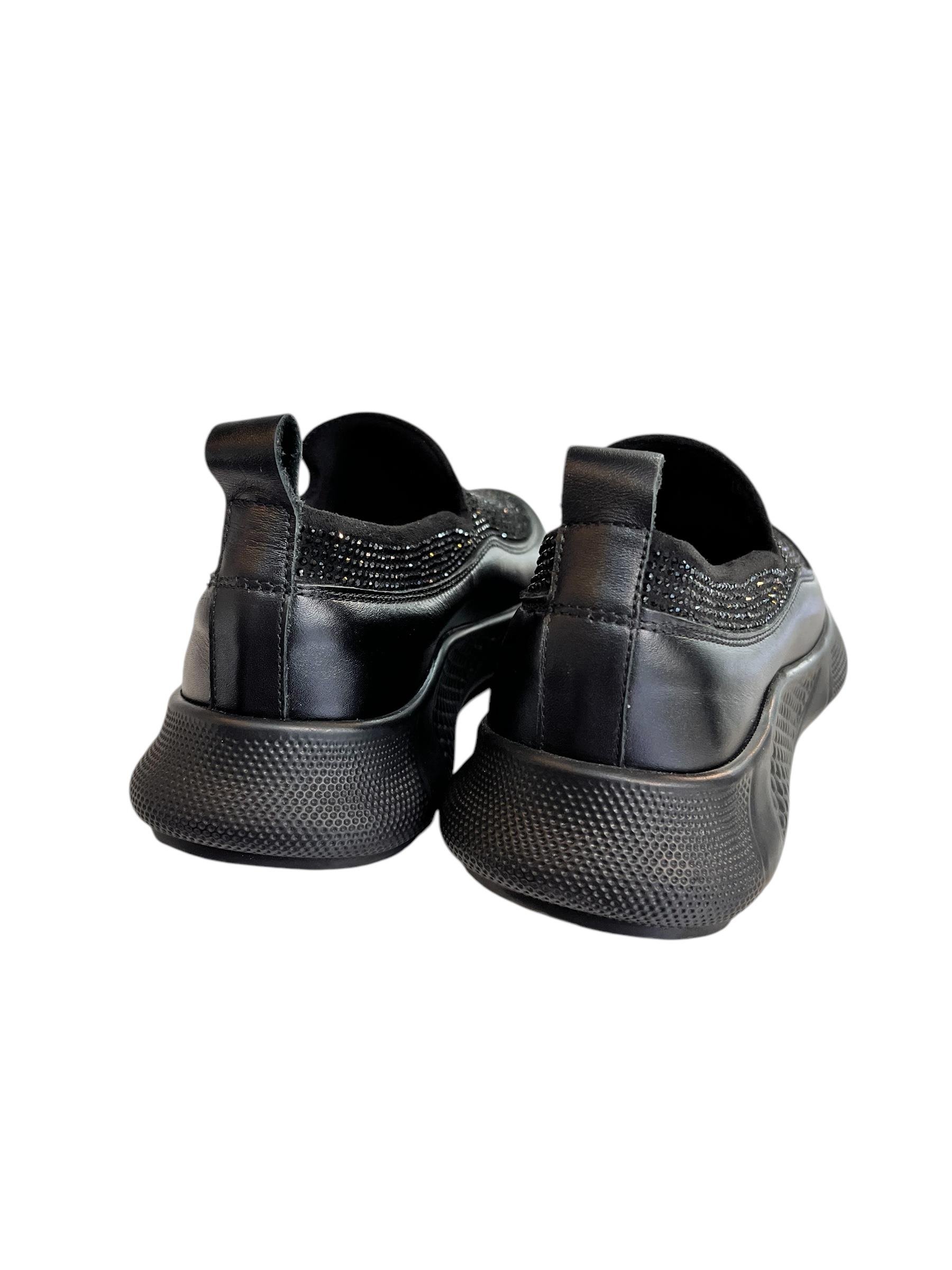  Siyah Hakiki Deri Strech Yüzlü Taşlı Comfort Sneaker