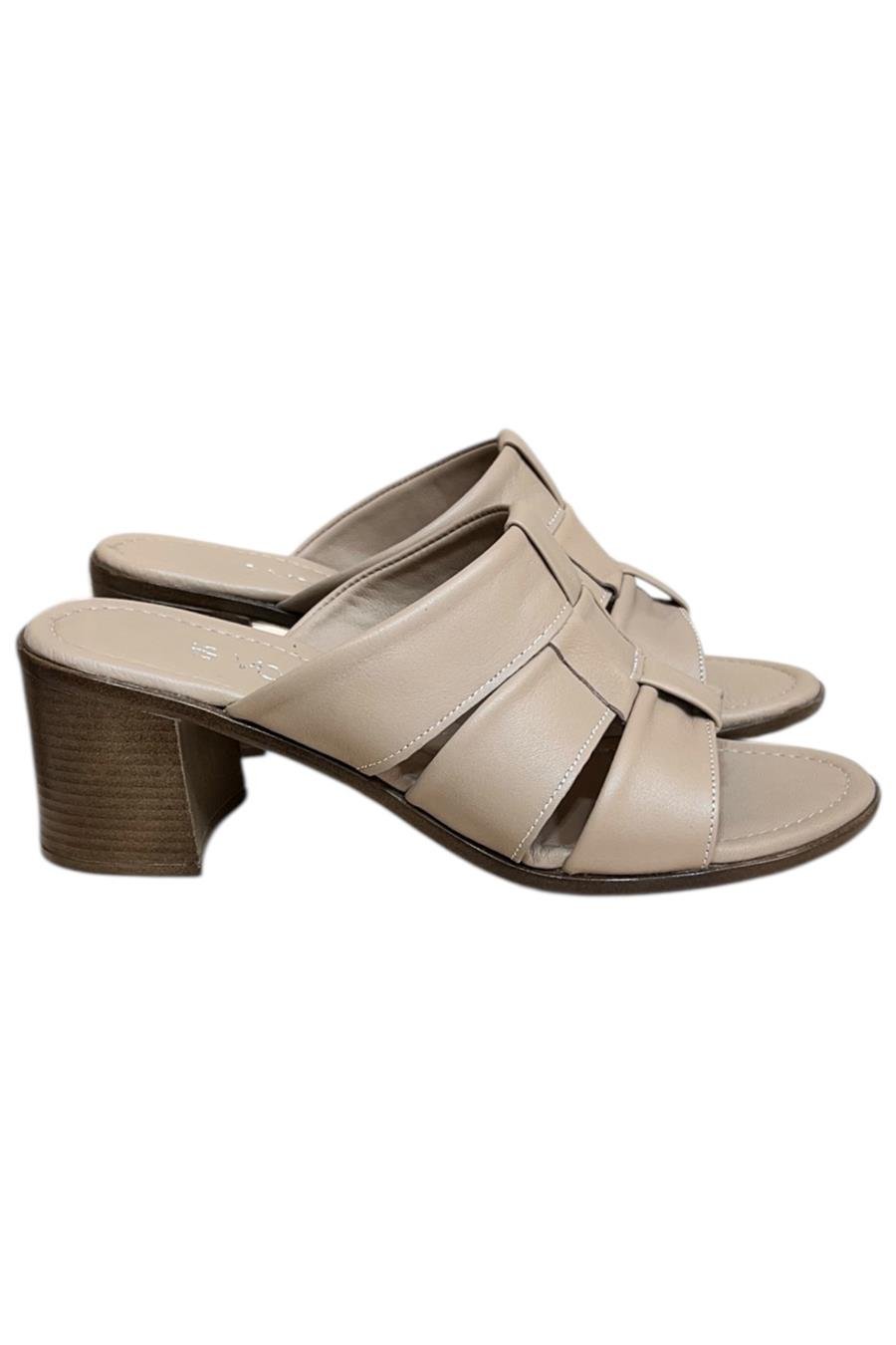 Bej Hakiki Deri Bant Detaylı Topuklu Comfort Taban Terlik