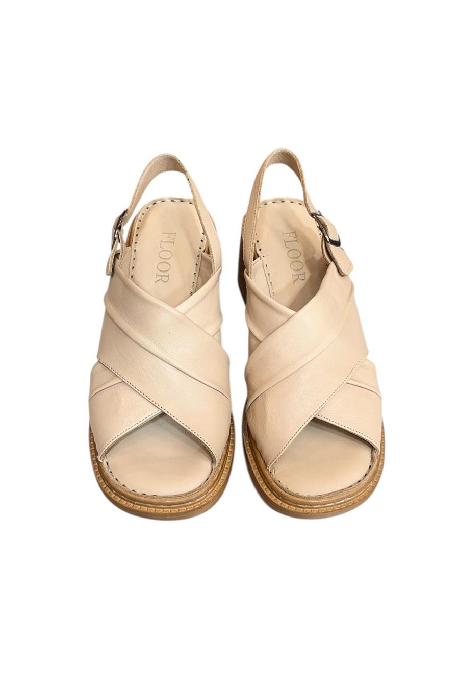 Bej Hakiki Deri Çapraz Bantlı Puf Taban Topuklu Sandalet 