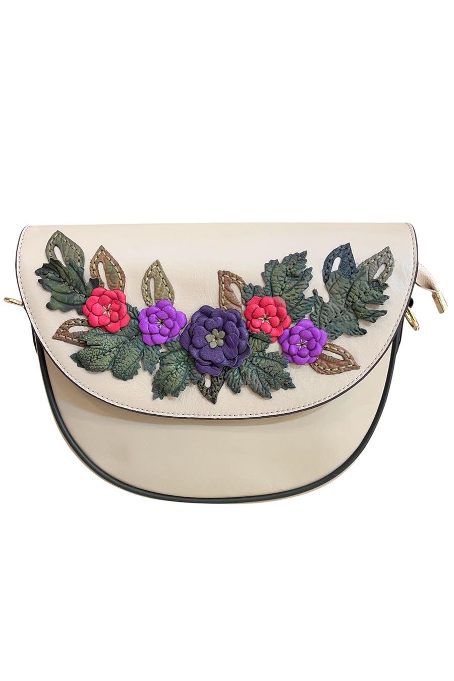 Bej Hakiki Deri Çiçek Motifli El Yapımı Çapraz Çanta