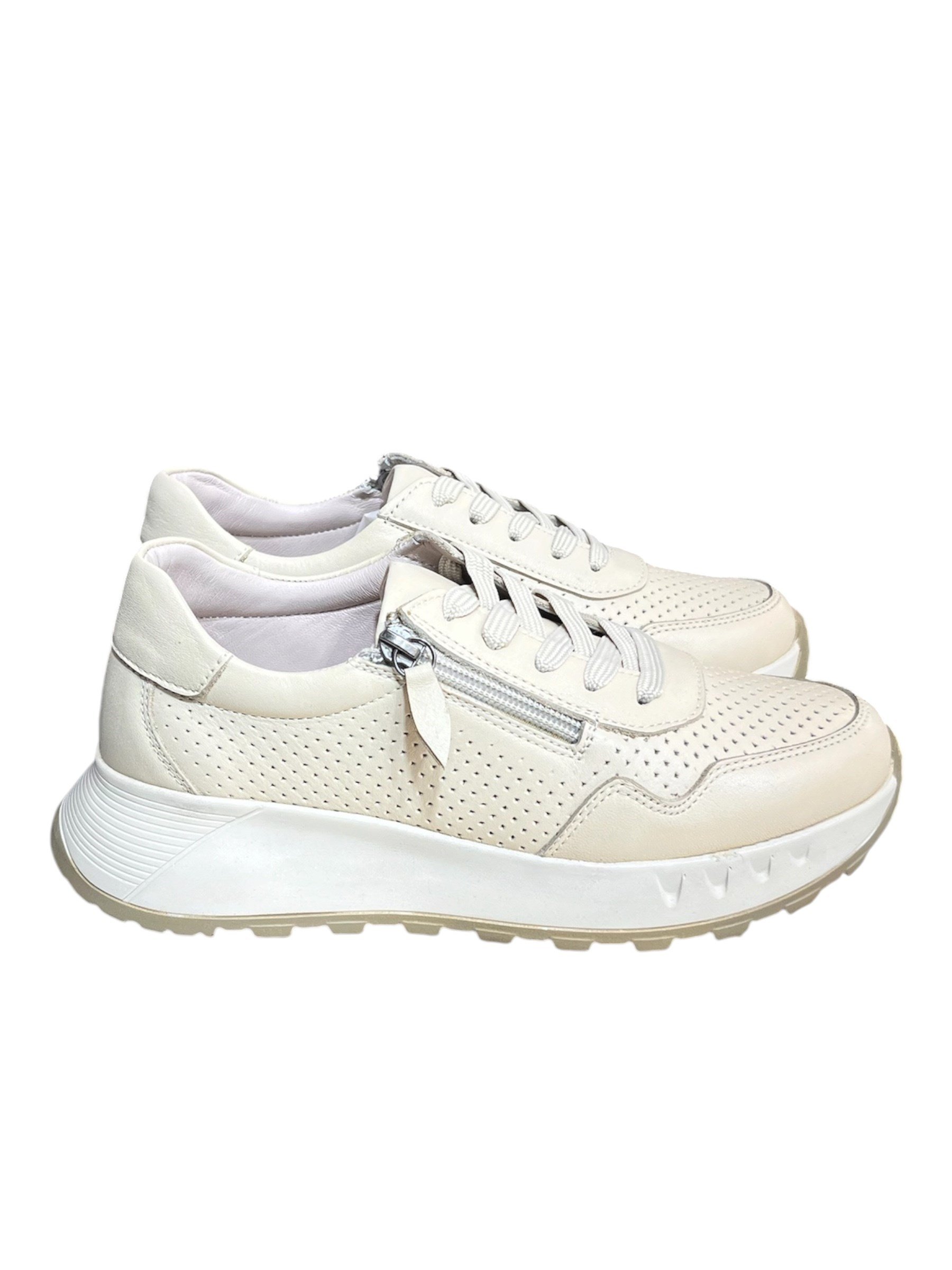 Bej Hakiki Deri  Fermuar Detay Bağcıklı Comfort Sneaker