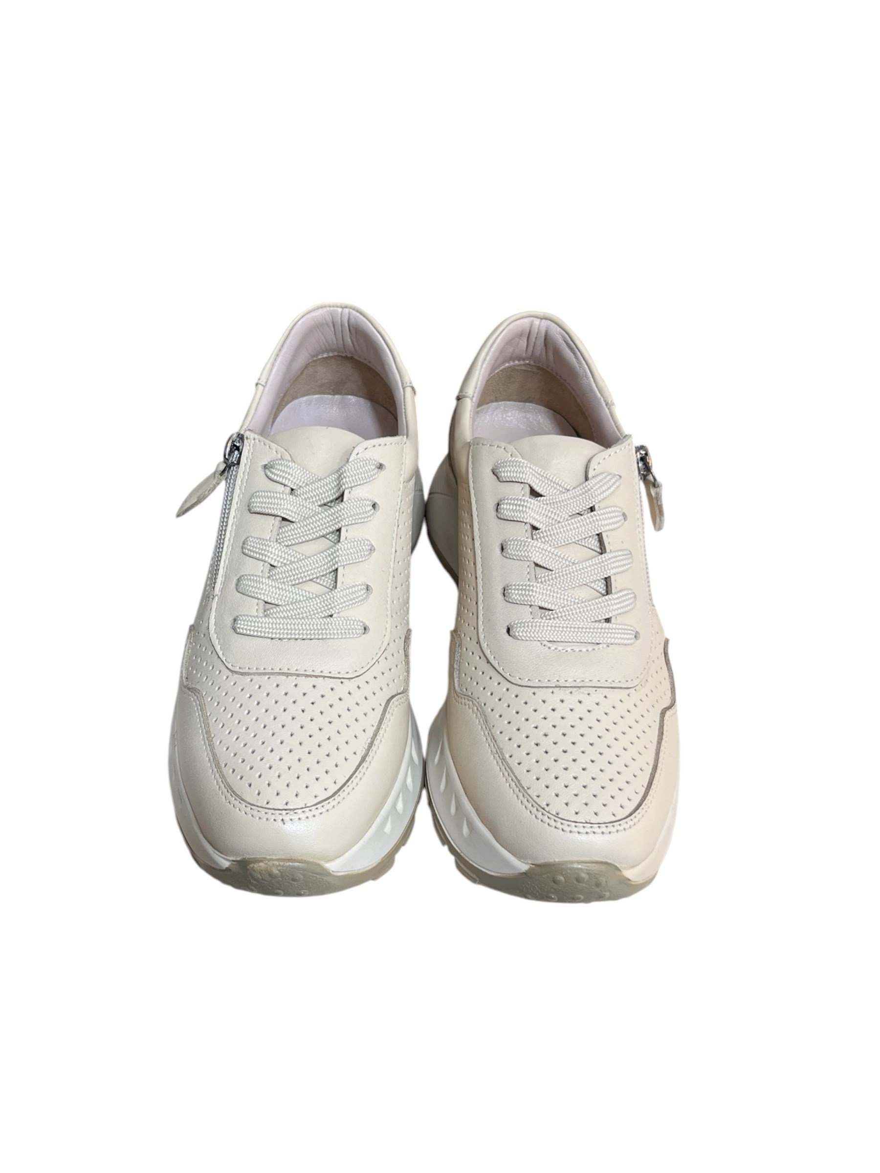 Bej Hakiki Deri  Fermuar Detay Bağcıklı Comfort Sneaker