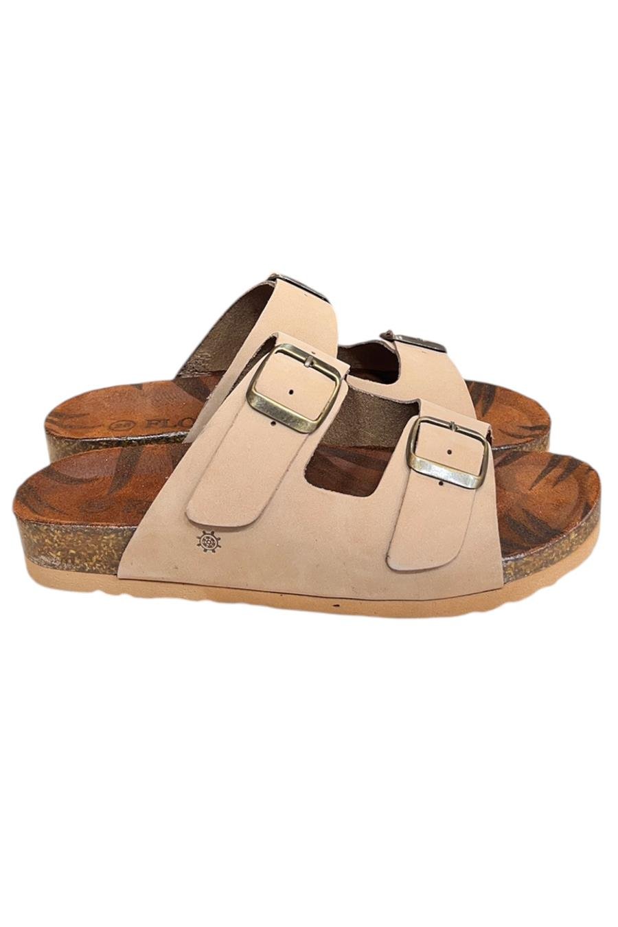 Bej Hakiki Deri Nubuk Çift Bant Tokalı Mantar Taban Terlik