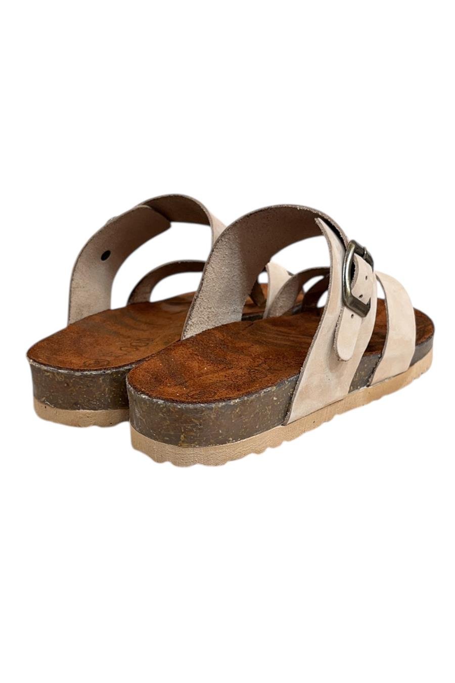 Bej Hakiki Deri Nubuk Parmak Arası  Mantar Taban Terlik