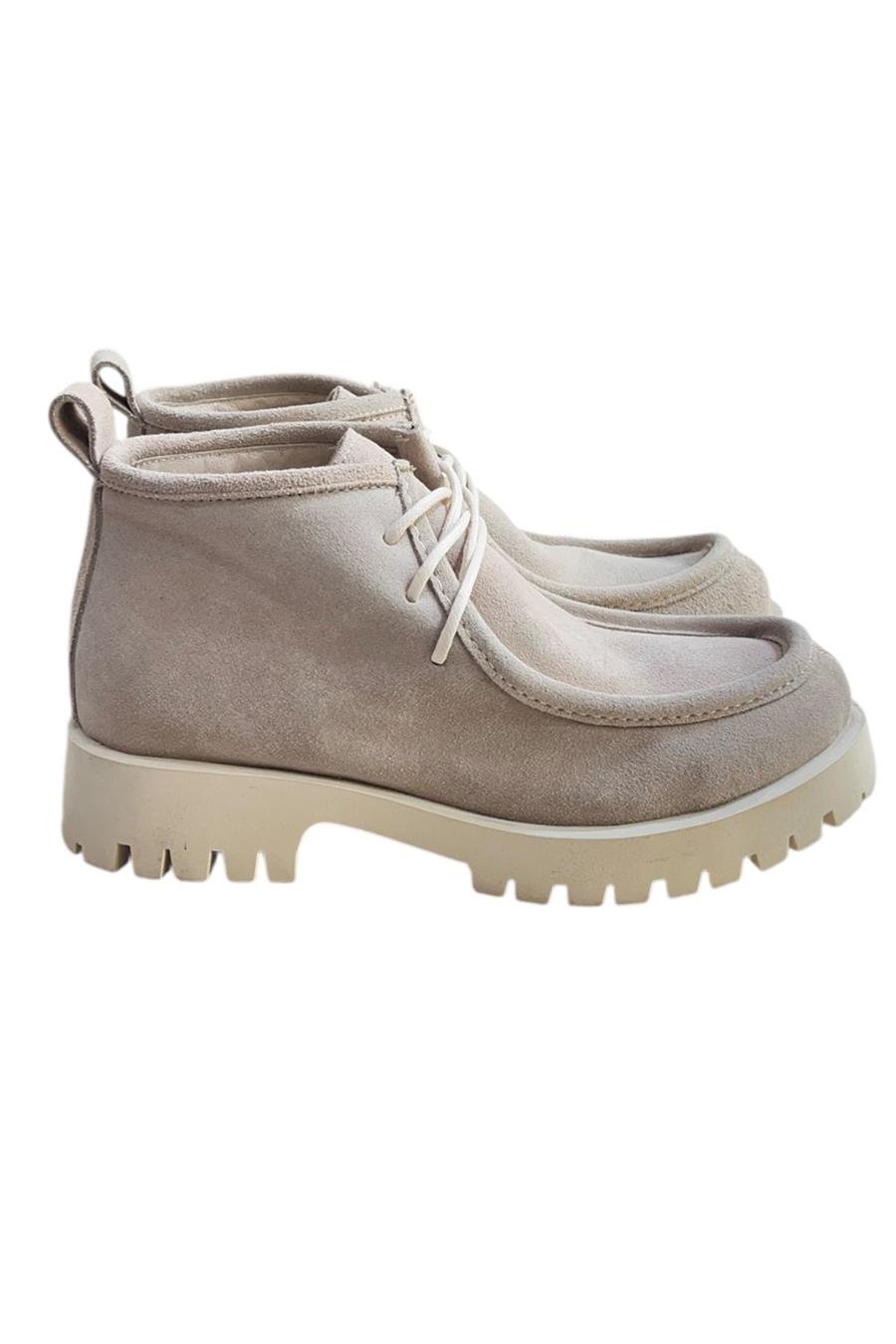 Bej Hakiki Deri Süet Bağcıklı Bot