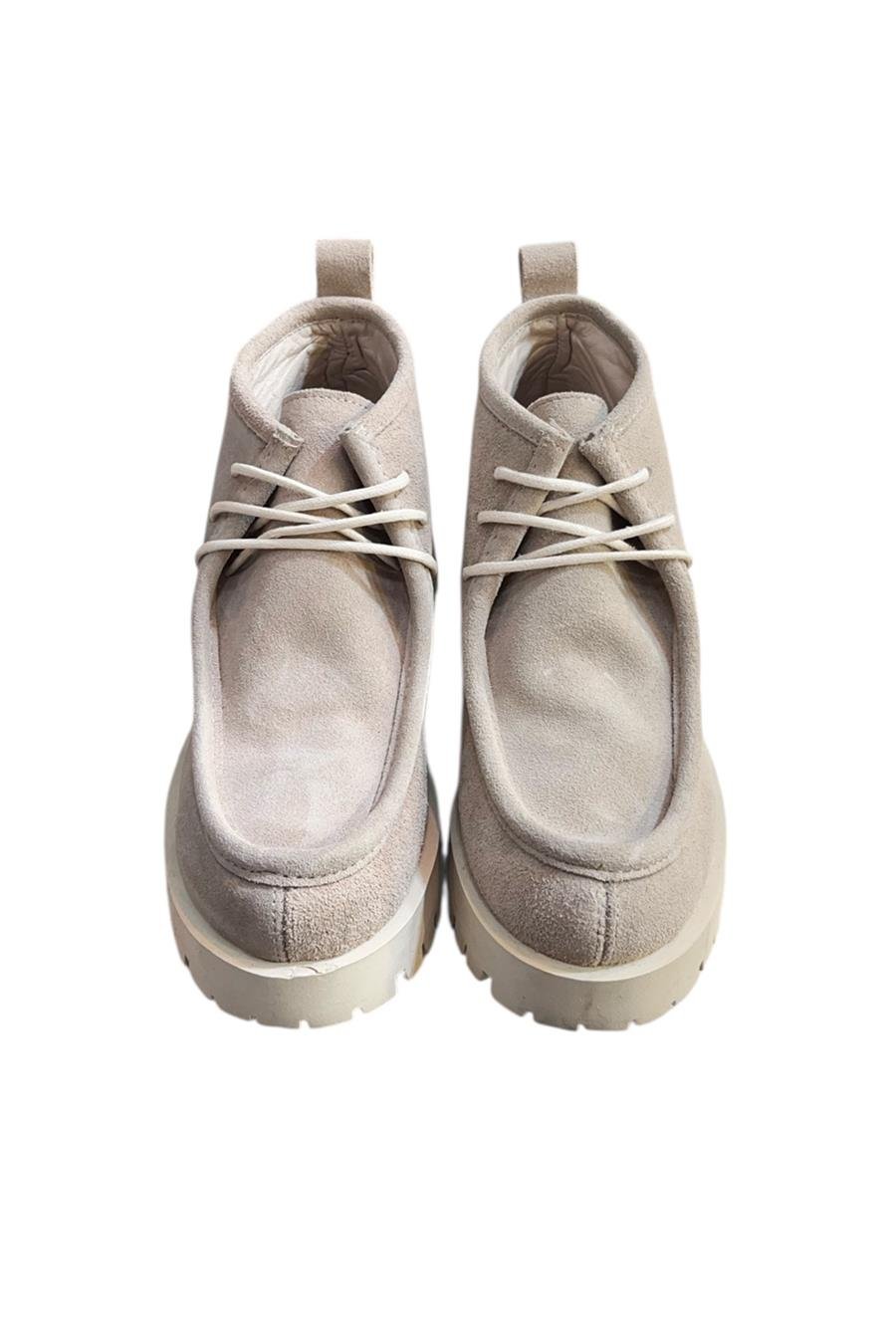 Bej Hakiki Deri Süet Bağcıklı Bot