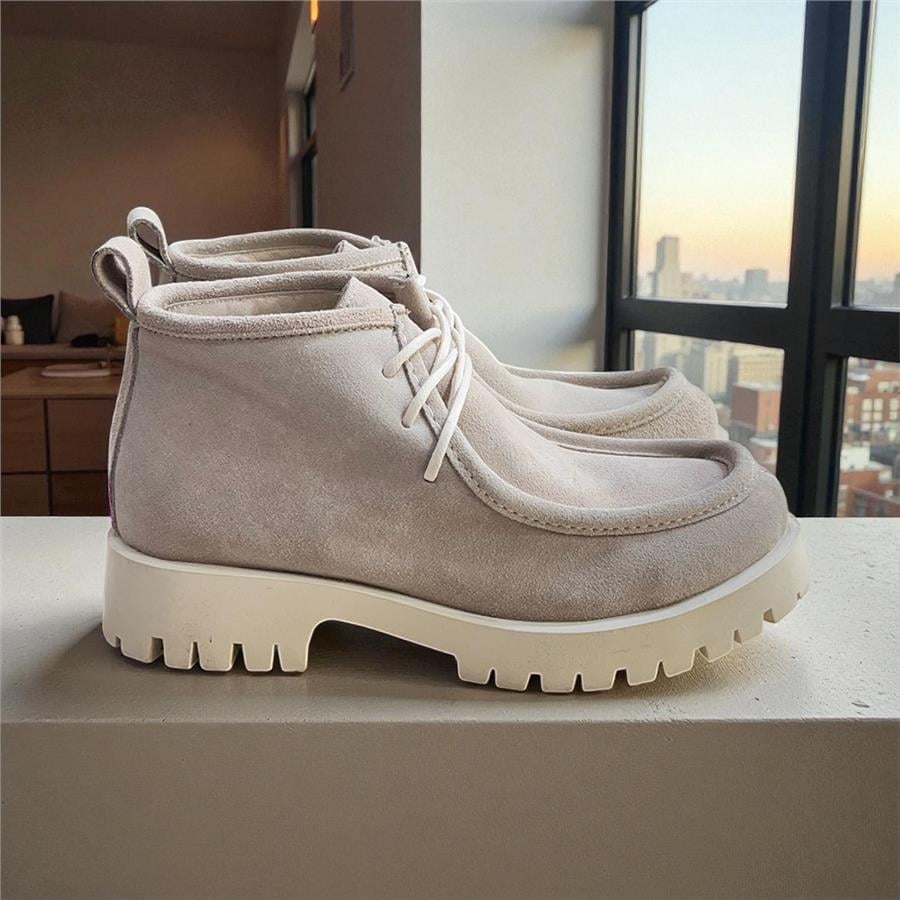 Bej Hakiki Deri Süet Bağcıklı Bot