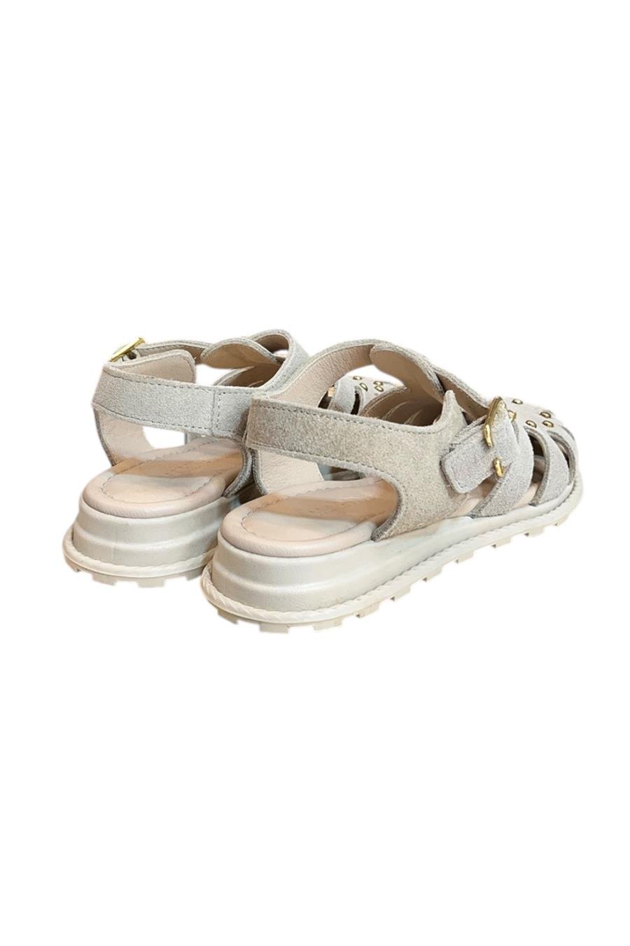 Bej Hakiki Deri Süet Burnu Kapalı Arkası Açık Troklu Sandalet