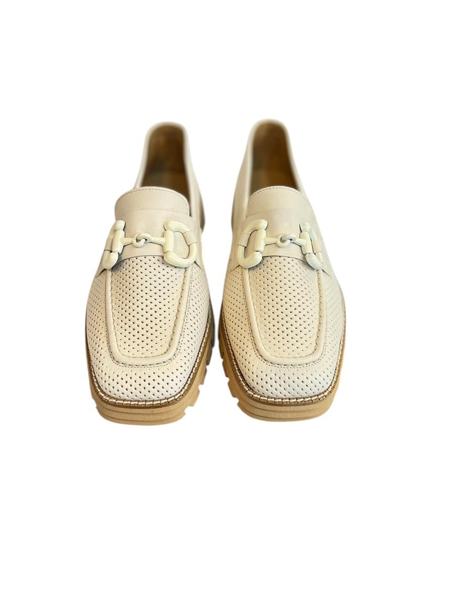 Bej Hakiki Deri Toka Detay Zımbalı Kalın  Taban Loafer