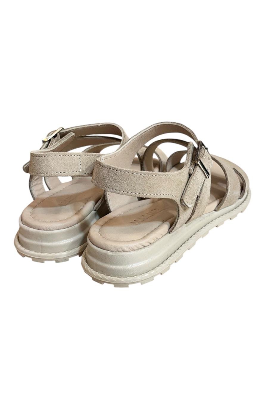 Bej Hakiki Süet Deri Çapraz Bantlı Sandalet 