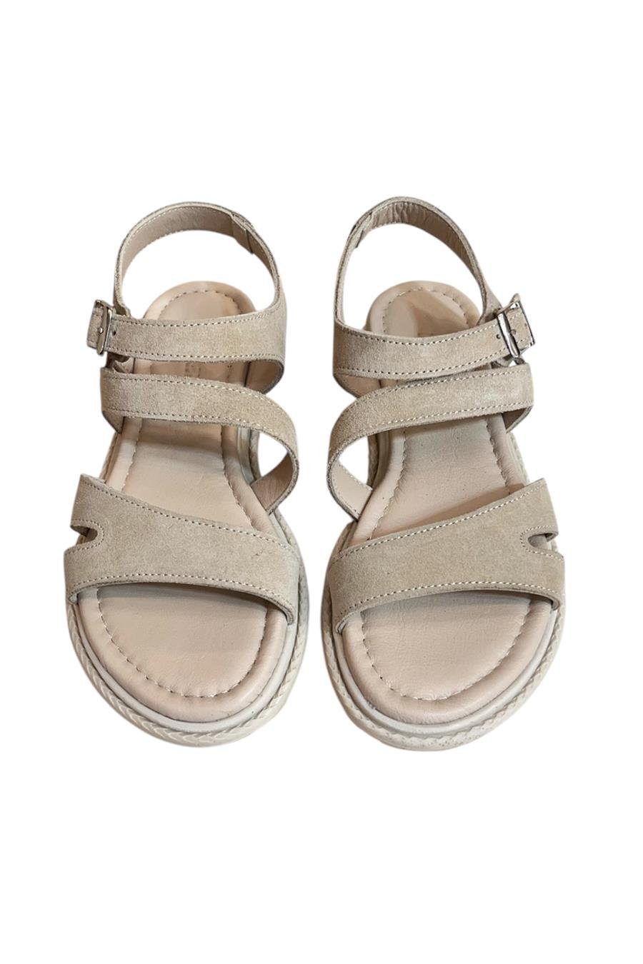 Bej Hakiki Süet Deri Çapraz Bantlı Sandalet 