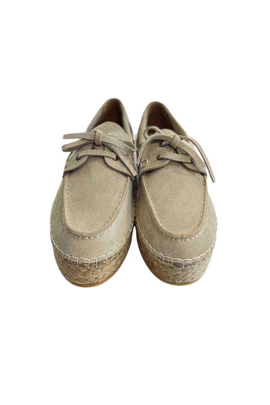 Bej Hakiki Süet Hasır Taban Bağlı Loafer 