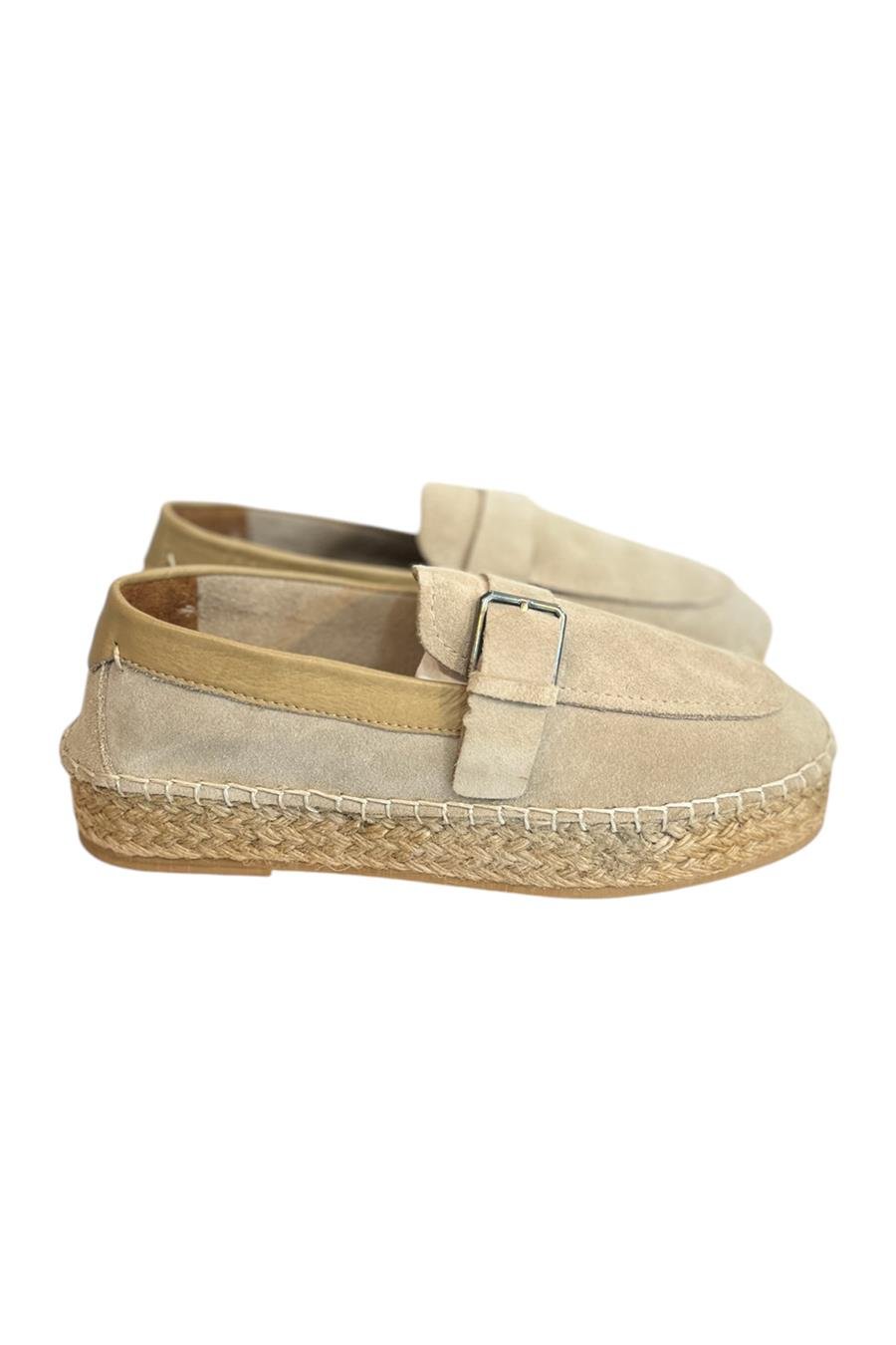 Bej Hakiki Süet Hasır Taban Tokalı Loafer 