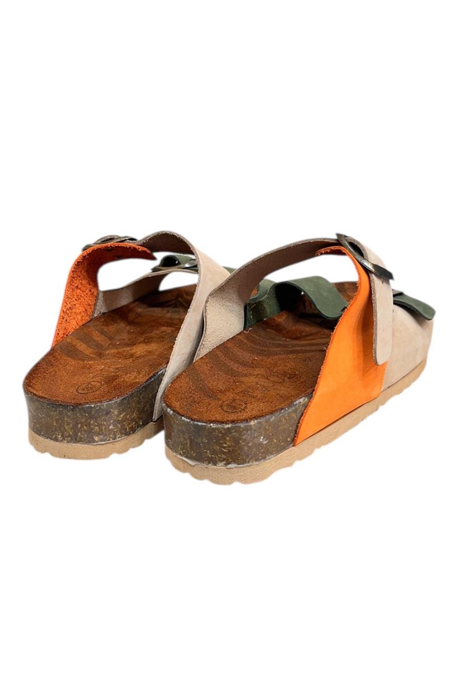 Bej Multi Hakiki Deri Nubuk Çift Bant Tokalı Mantar Taban Terlik