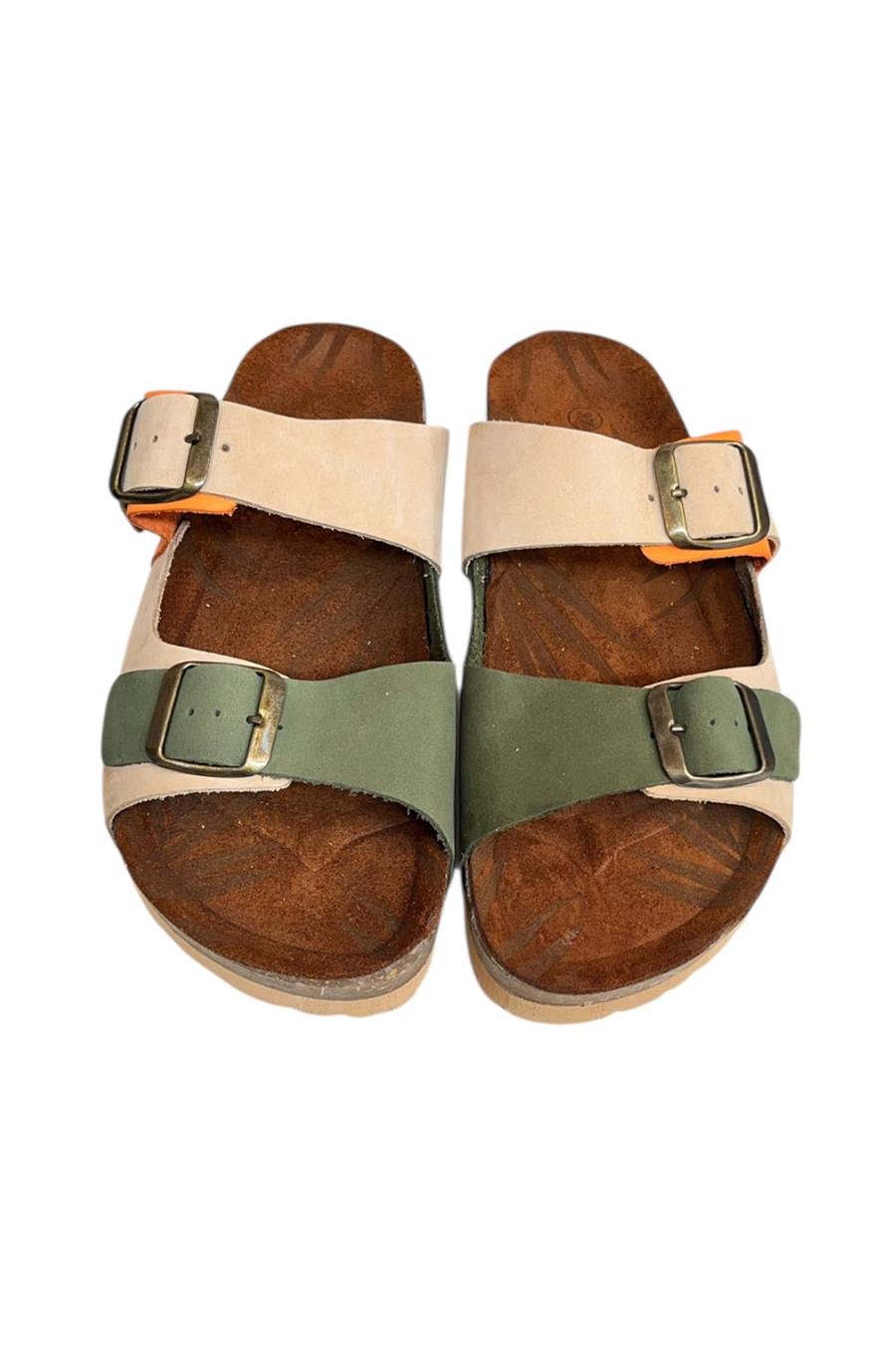 Bej Multi Hakiki Deri Nubuk Çift Bant Tokalı Mantar Taban Terlik