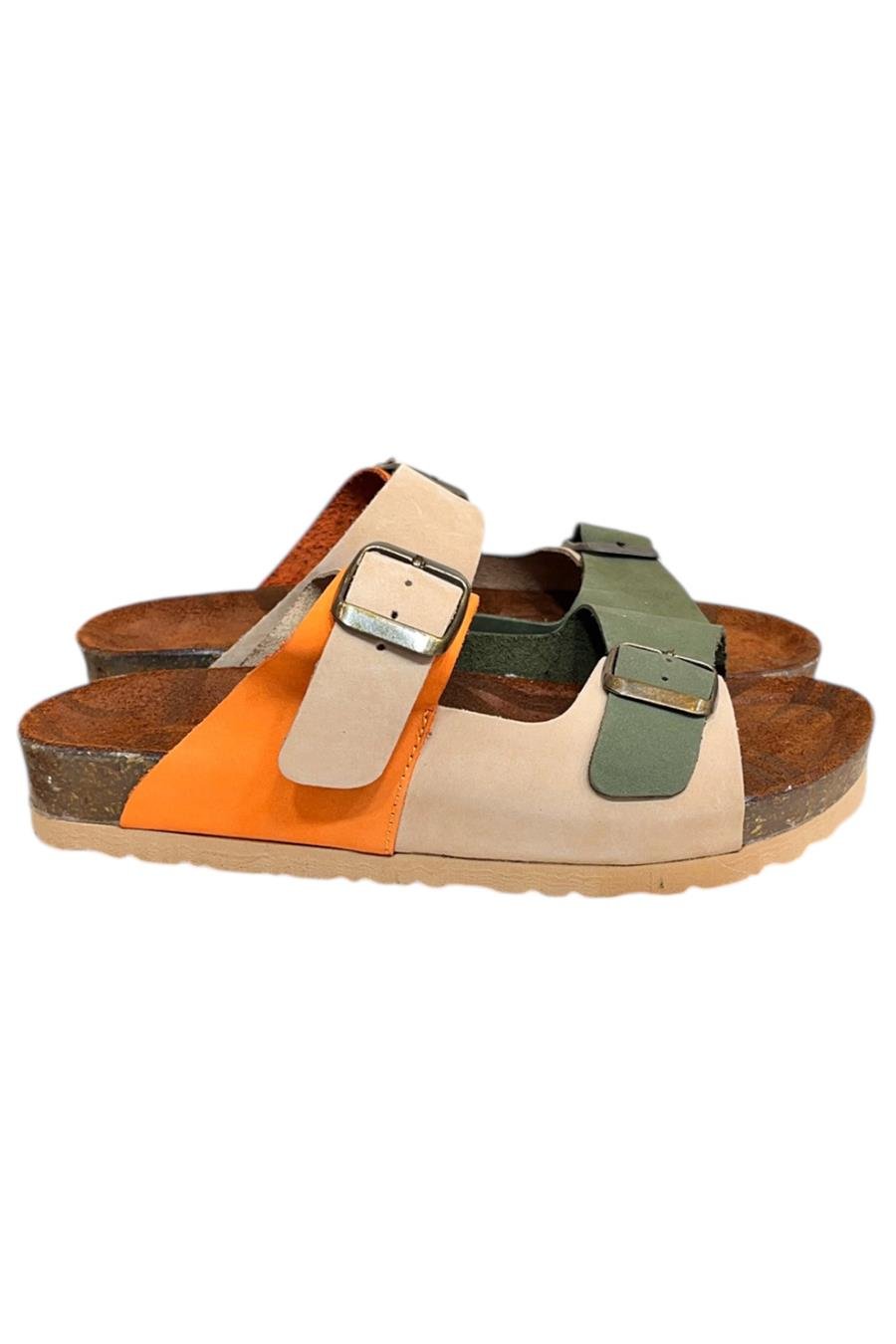 Bej Multi Hakiki Deri Nubuk Çift Bant Tokalı Mantar Taban Terlik