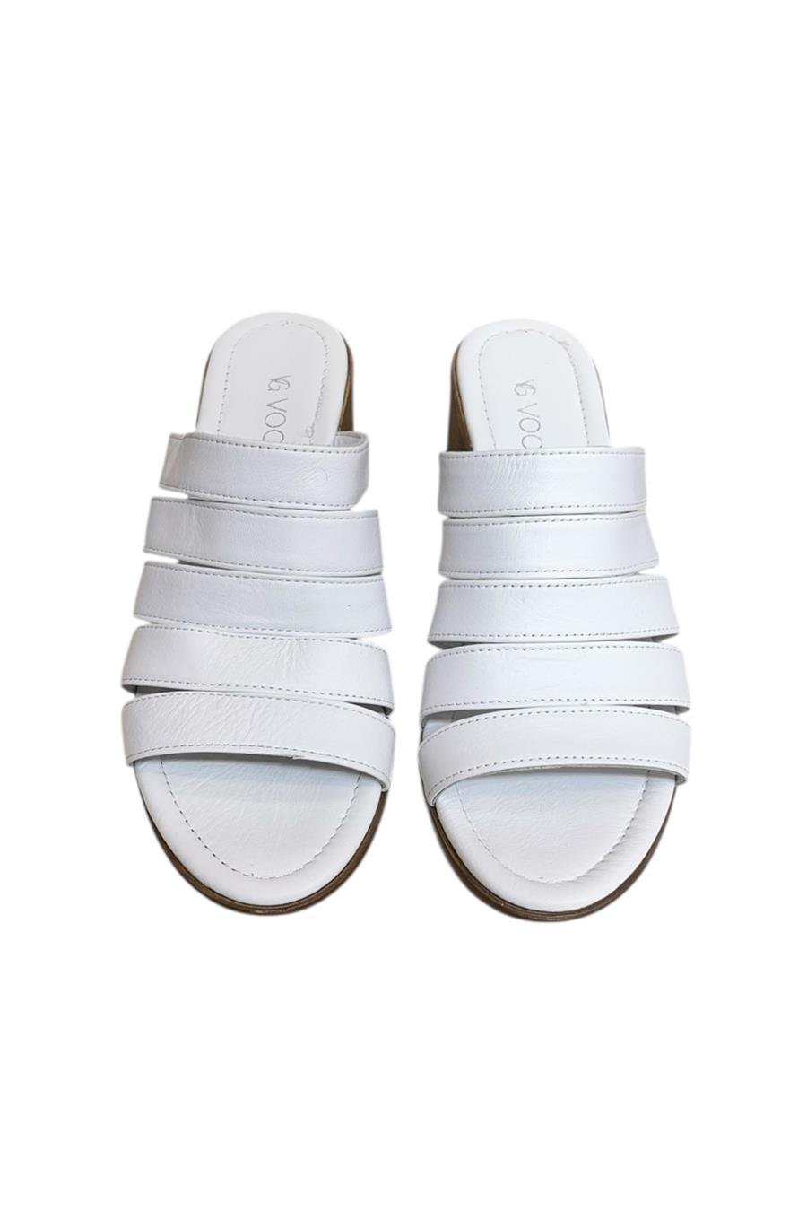 Beyaz Hakiki Deri Bant Detay Topuklu  Comfort Taban Topuklu Terlik